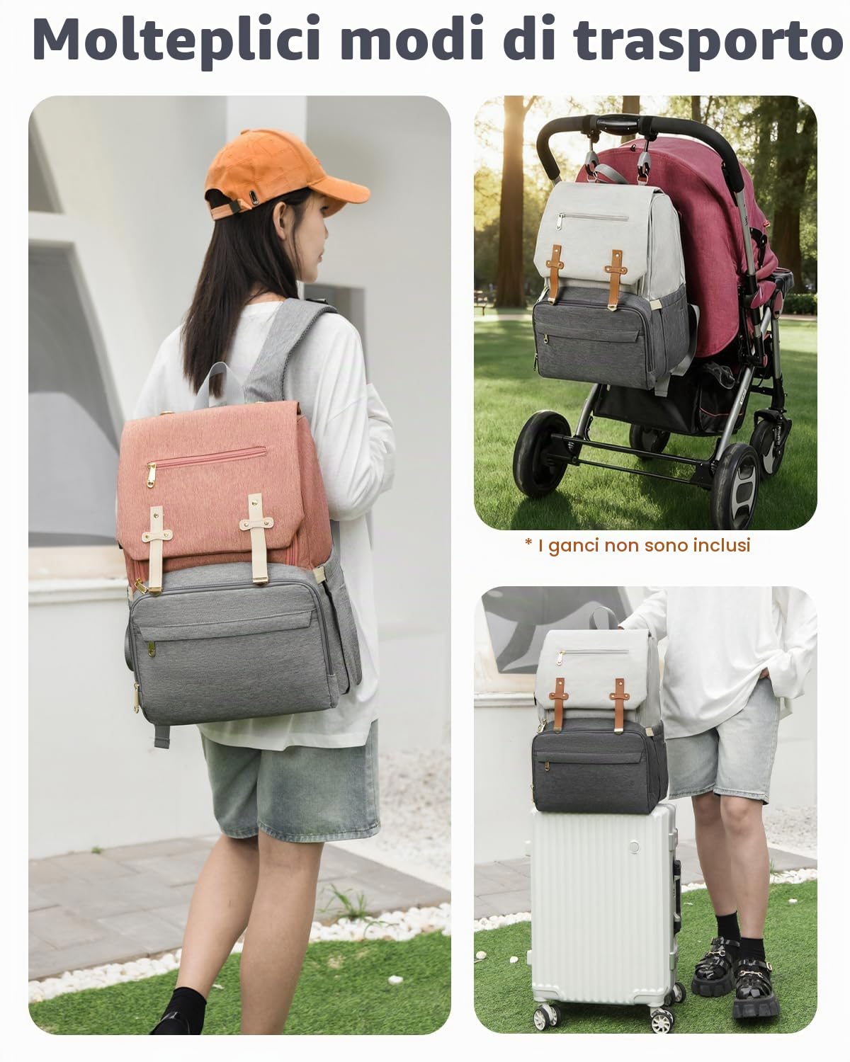 Borsa Zaino Fasciatoio, Impermeabile Zaino per Pannolini Grande Multifunzione, Borsa Bebè con Fasciatoio Portatile Tasche Isolanti Bottiglias per Viaggio Mamma e Papà, Bianco-Grigio