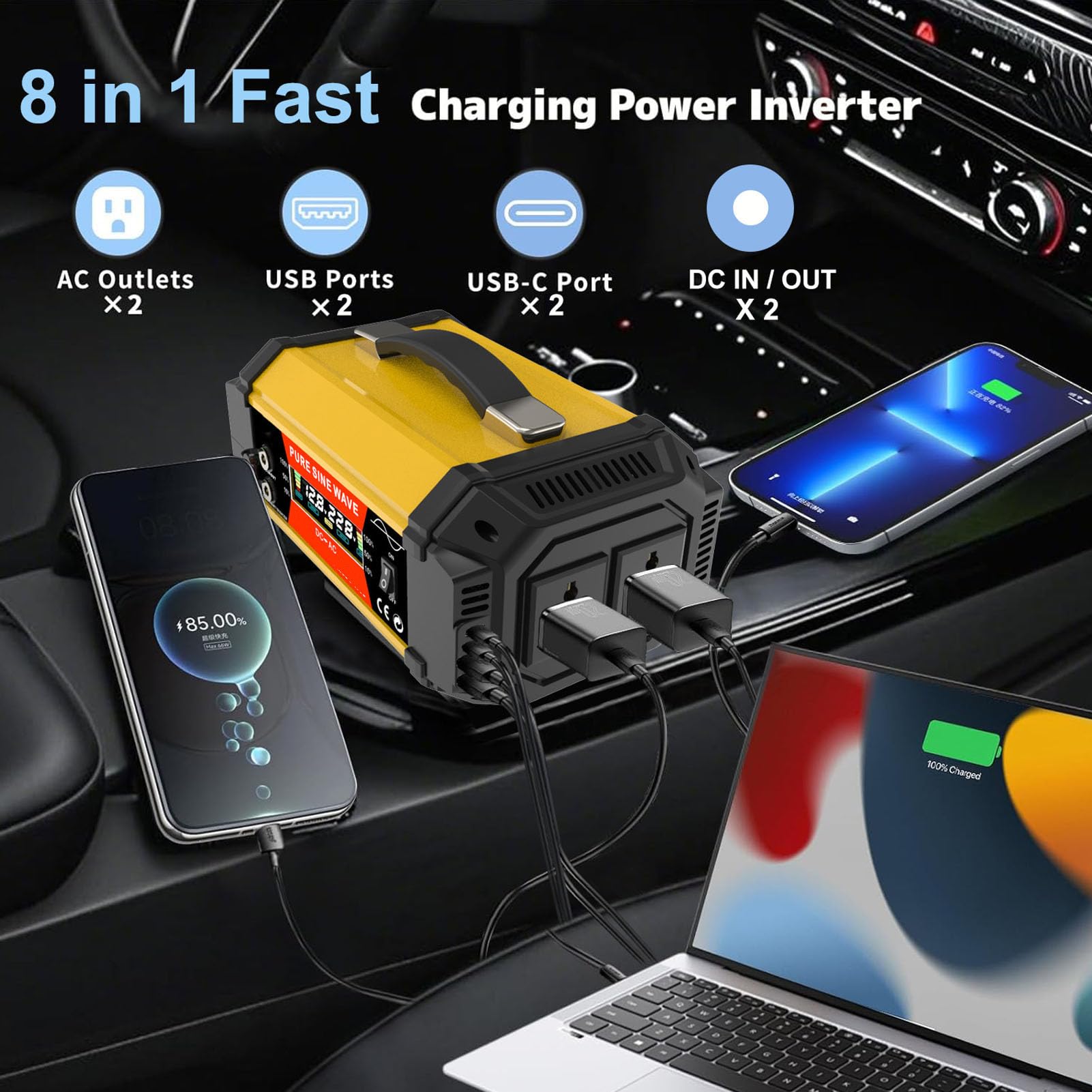 YWBL-WH Cargador Inversor de CC a CA de 800 W, Material ABS, Carga Rápida con USB para Coche Camión, Adecuado para Ordenador Portátil y Teléfono