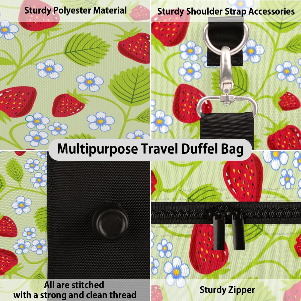 Strawberries Flowers Delicious Travel Duffel Bag for Women Men Large Capacity Overnight Weekender Bags for Lightweight Waterproof Sport Gym Bag for Workout Yoga Swim