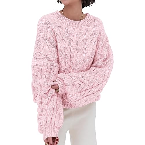 PRETTYGARDEN Womens Sweaters Spring 2025 Cable Knit Long Sleeve Crewneck Oversized Sweater Chunky Pullover Loose Outfits