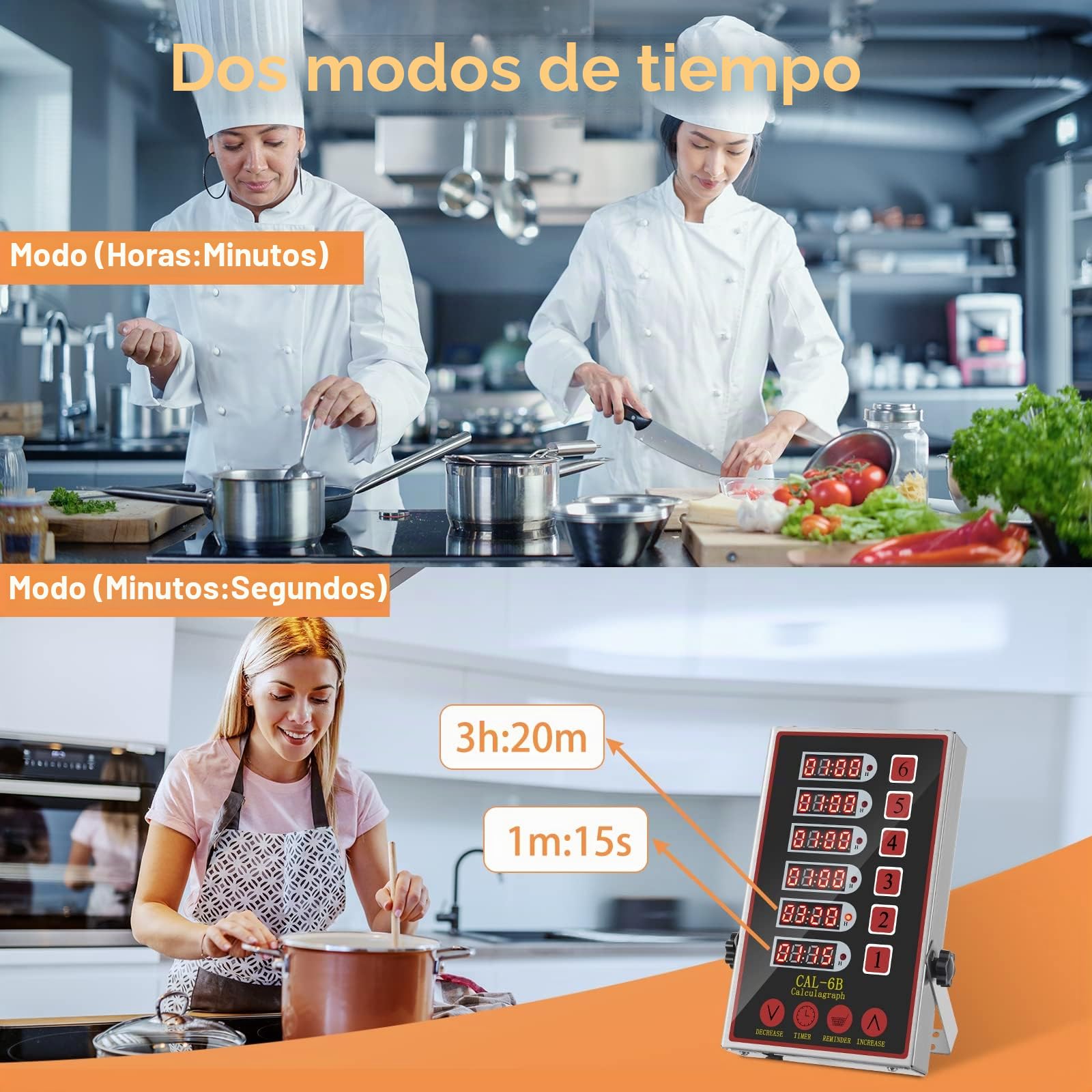 Temporizadores de Cocina de 6 Canales, Reloj de Cocina para Restaurantes Comerciales, Cronometro Digital Profesional, Pantallas LED, Fuertes Sirenas, Volumen Regulable, Función recordatorio