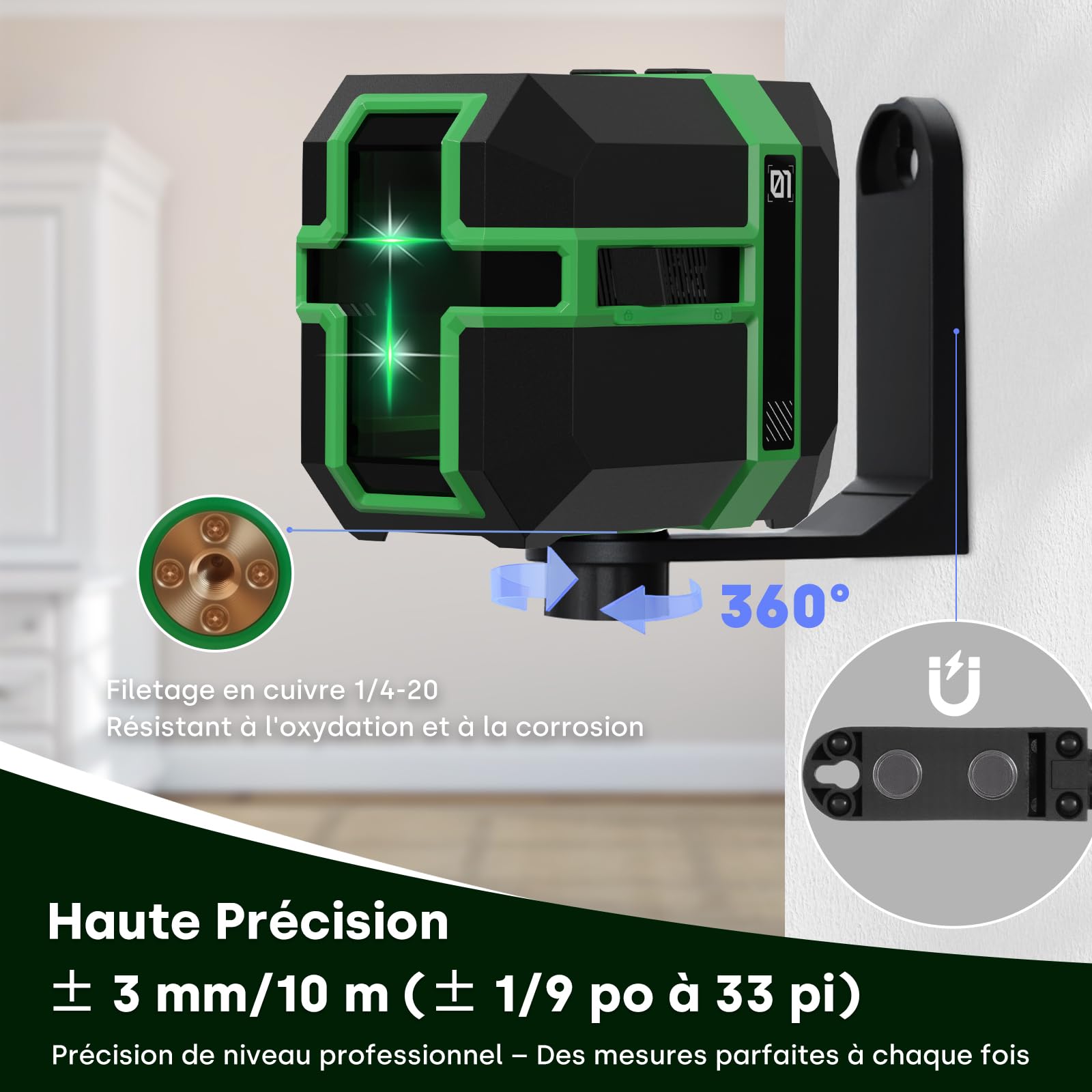 Niveau Laser, Autonivelant, Support magnétique, Rechargeable(Vert)