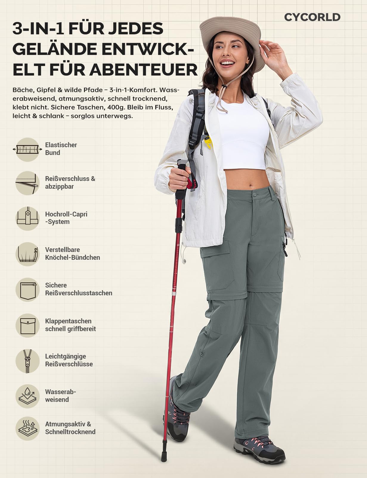 Cycorld Pantalones de Senderismo para Mujer, Convertible Secado Rápido Stretch Ligero Cremallera Fuera Pantalones con 5 Bolsillos Profundos