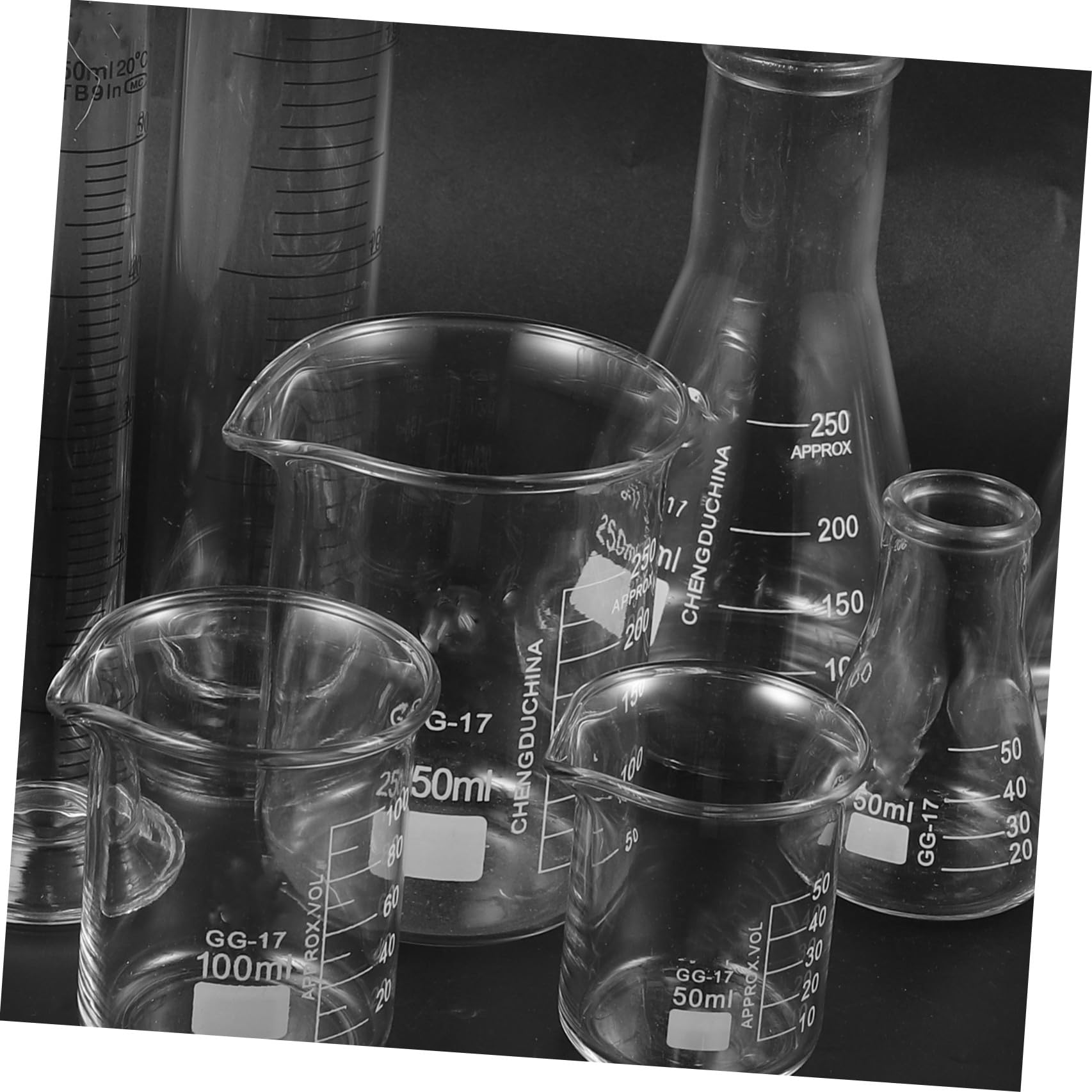 jojofuny Set 9 Pezzi Strumenti da Laboratorio in Vetro Resistente, Pallone Conico 50-250 Ml e Cilindro Graduato per Misurazioni Precise, per Uso Scientifico e Didattico
