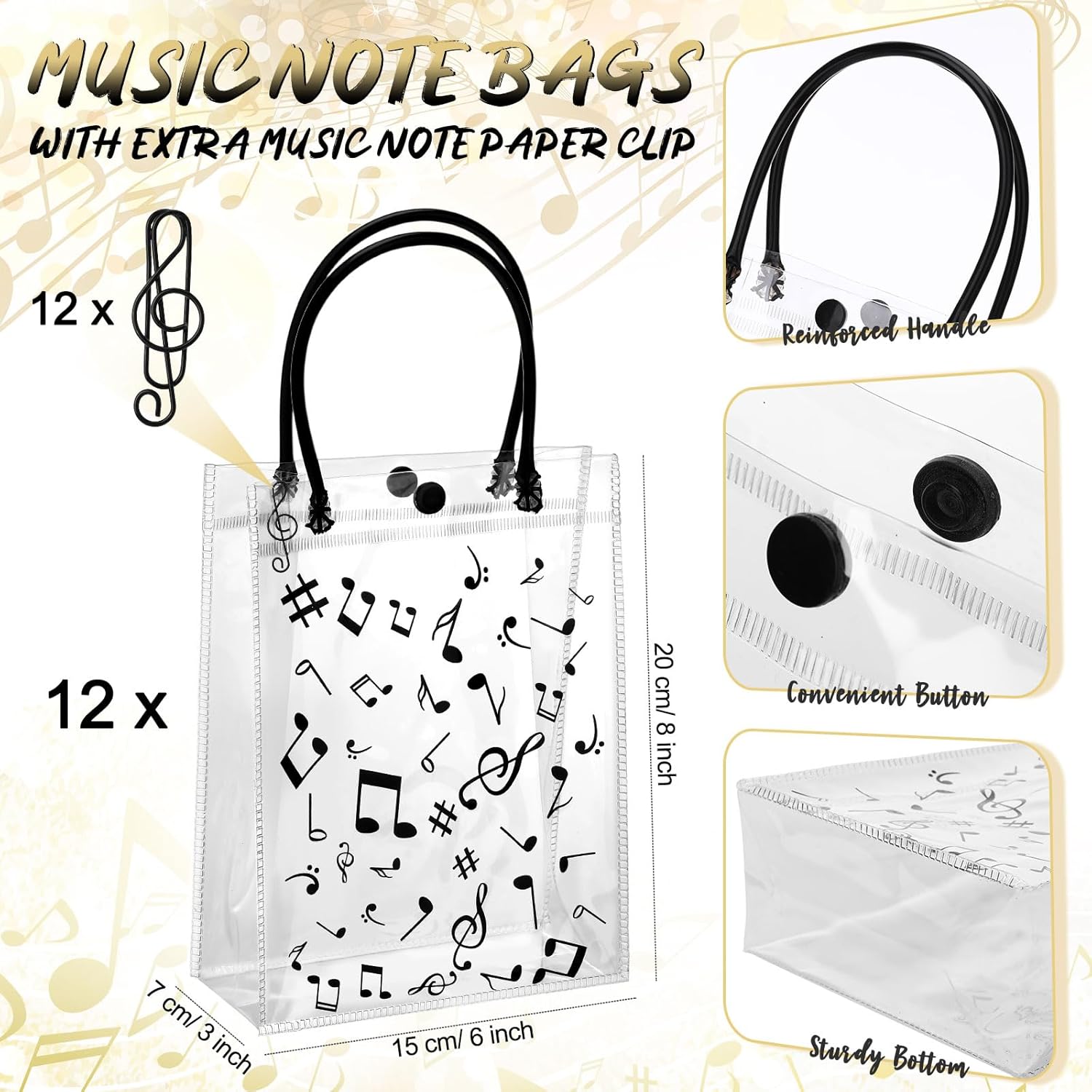 Wesnoy 24 Pcs Musical Notes Gift Bags with Handle 6x8 Inch Clear Music Treat Bags Bulk Musical Party Favor Bag with Musical Note Paper Clip for Musician Employee Teacher Gift Birthday Party Supplies - Image 2