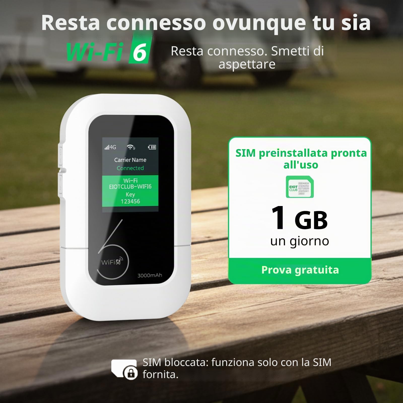 EIOTCLUB Router Wi-Fi 4G LTE Portatile: 150Mbps, 1GB Dati Inclusi, WiFi 6, WPA3. Hotspot Mobile con Batteria 3000mAh, Display LCD 1,7". Connette 10 Dispositivi. Pocket WiFi per Viaggi e Camping