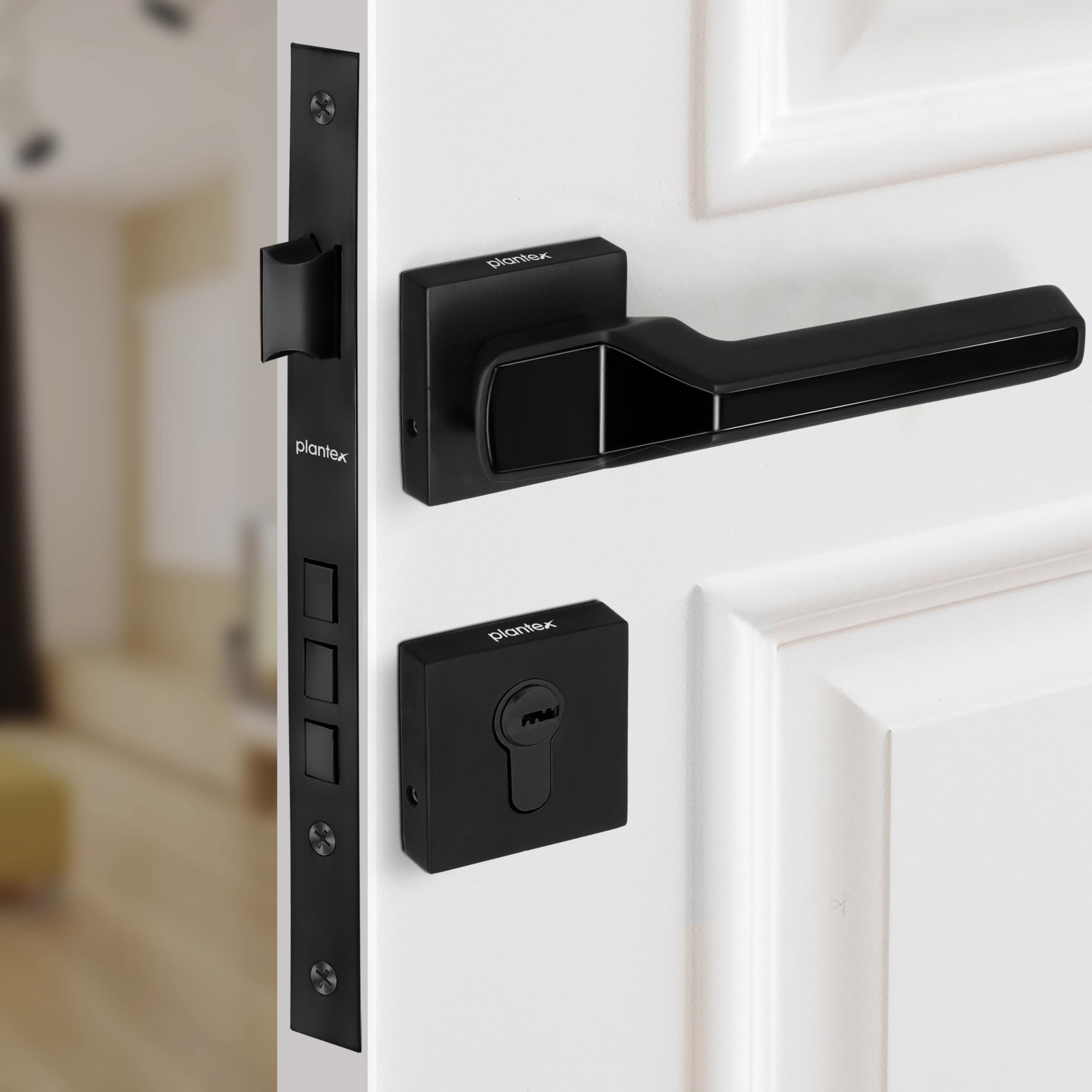 Plantex Mortise Lock - Rose Gold & Black Handle Set -12