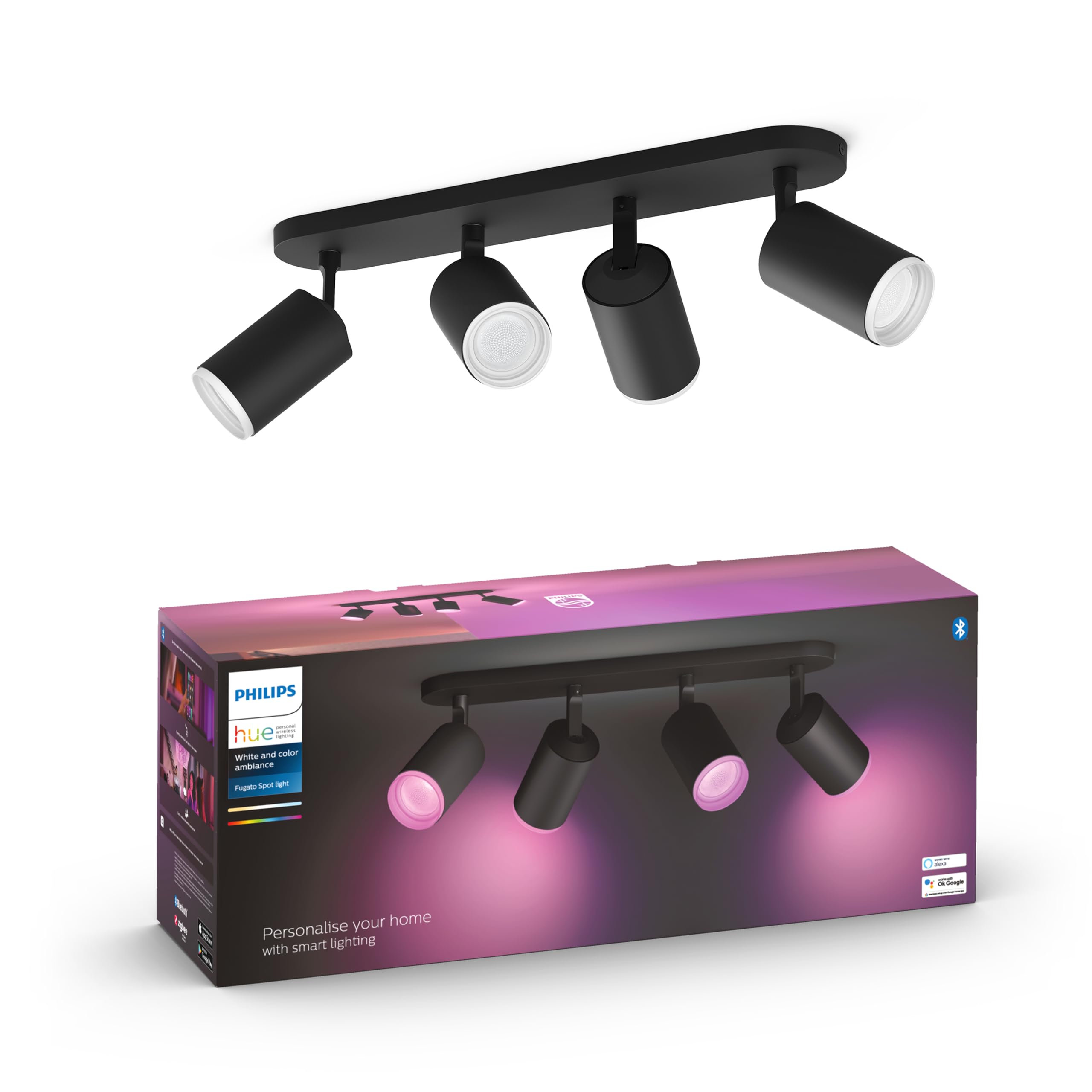 Philips Hue White & Colour Ambiance Fugato Spot 4 Bulbs Black 4 x 350 lm, Dimmable, 16 Million Colours, Controllable via App, Compatible with Amazon Alexa (Echo, Echo Dot)