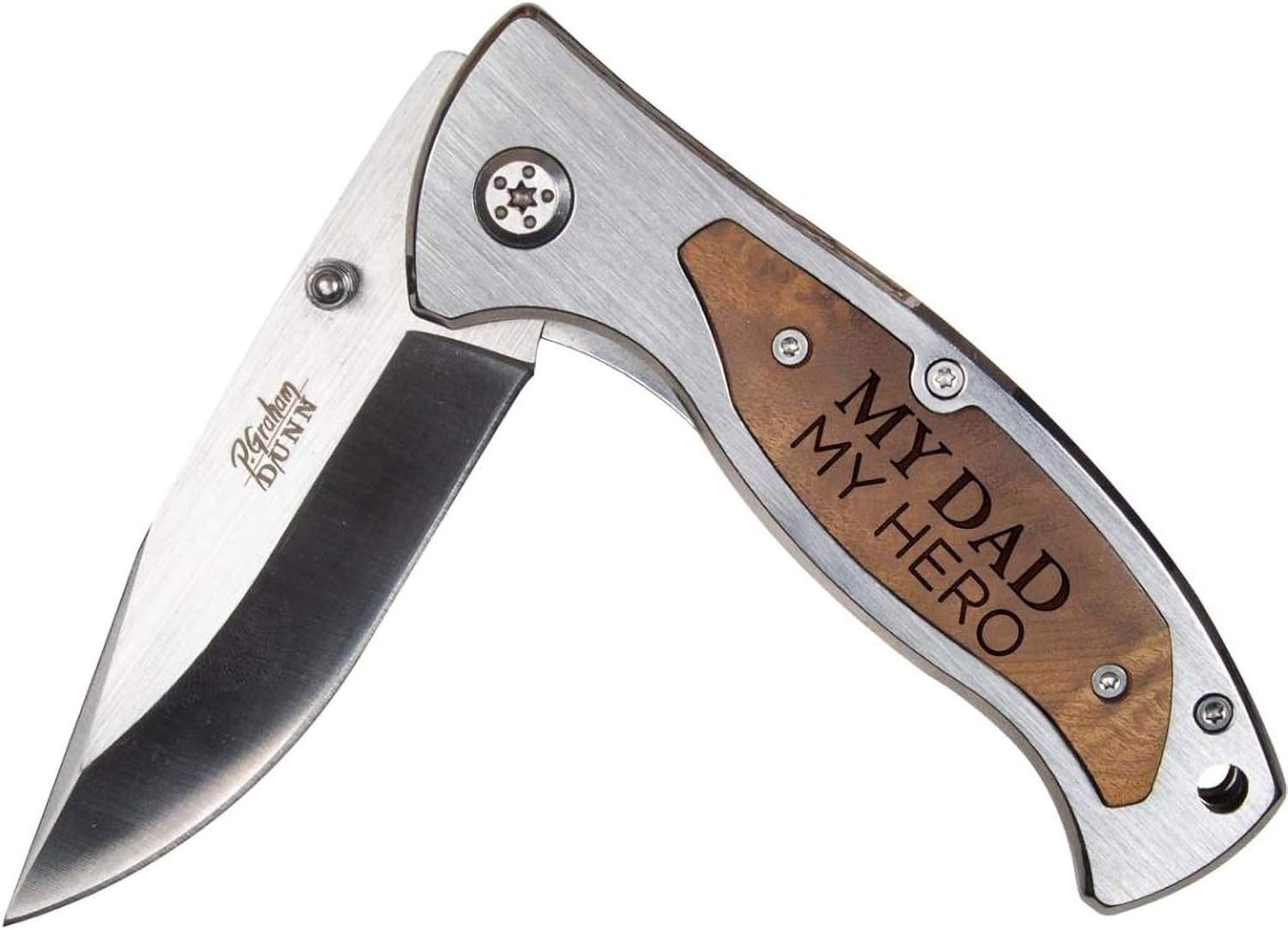 P. Graham Dunn My Dad My Hero Silver Tone 5 x 2 Stainless Steel and Wood Pocket Knife