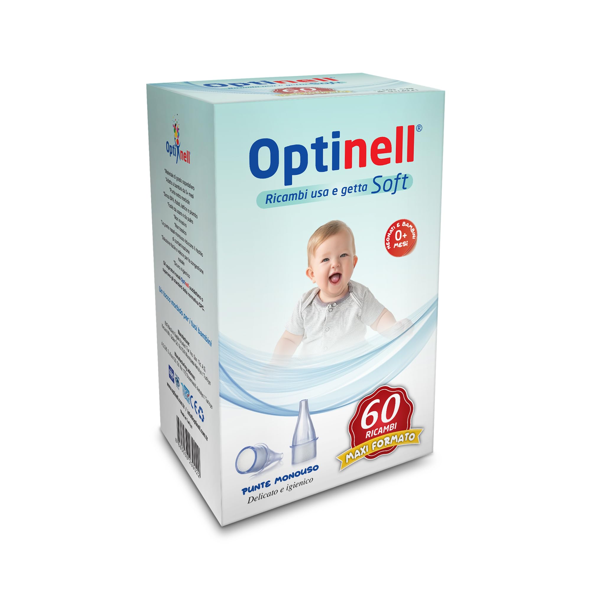 Optinell 60 Ricambi Morbidi per Aspiratore Nasale Neonato e Bambini – Beccucci Usa e Getta con Filtro Igienico per Aspiramuco – Extra Soft Tips, Igiene Nasale e Lavaggi Nasali (60 Pezzi, 60, unità)