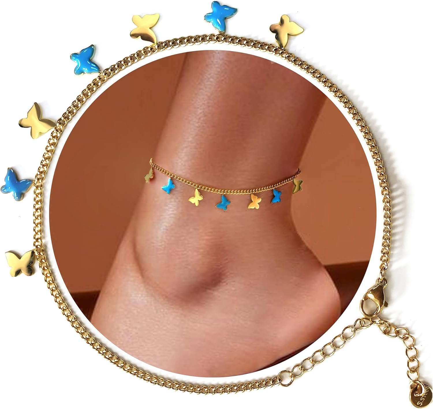 Waterproof Gold Ankle Bracelets for Women - Dainty 18K Gold Plated Anklets Butterfly Tennis Herringbone Cuban Link Chain Cute Anklets Autumn Beach Nightclub Jewelry Gift for Women Teen - Image 2