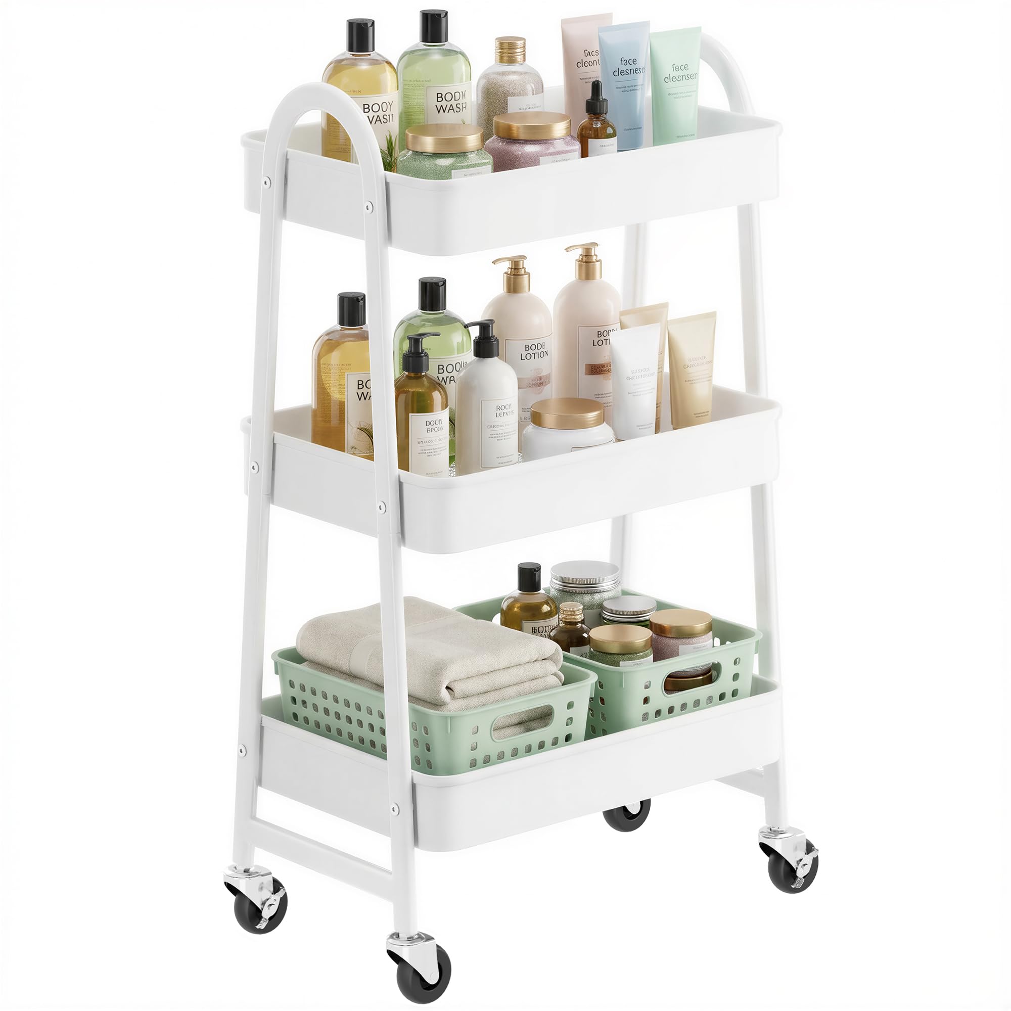 SONGMICS Rollwagen mit 3 Ebenen, Servierwagen aus Metall, Küchenwagen, Küchenregal mit Griffen, 2 Bremsen, einfacher Aufbau, für Malutensilien, Schlafzimmer, Waschküche, weiß BSC068W01