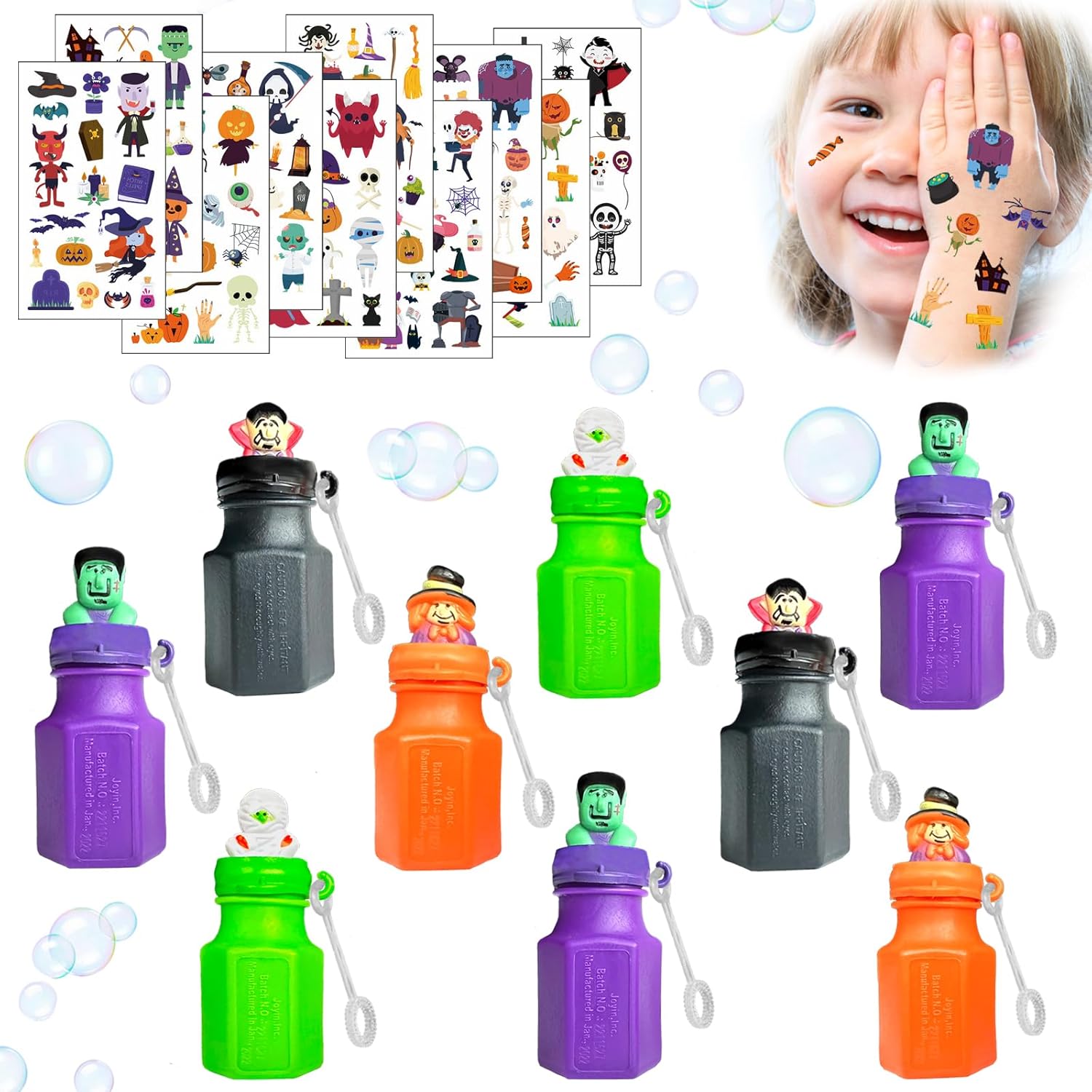 24 Pack Halloween Bubbles & 154 Temporary Tattoos Stickers Party Favors,Halloween