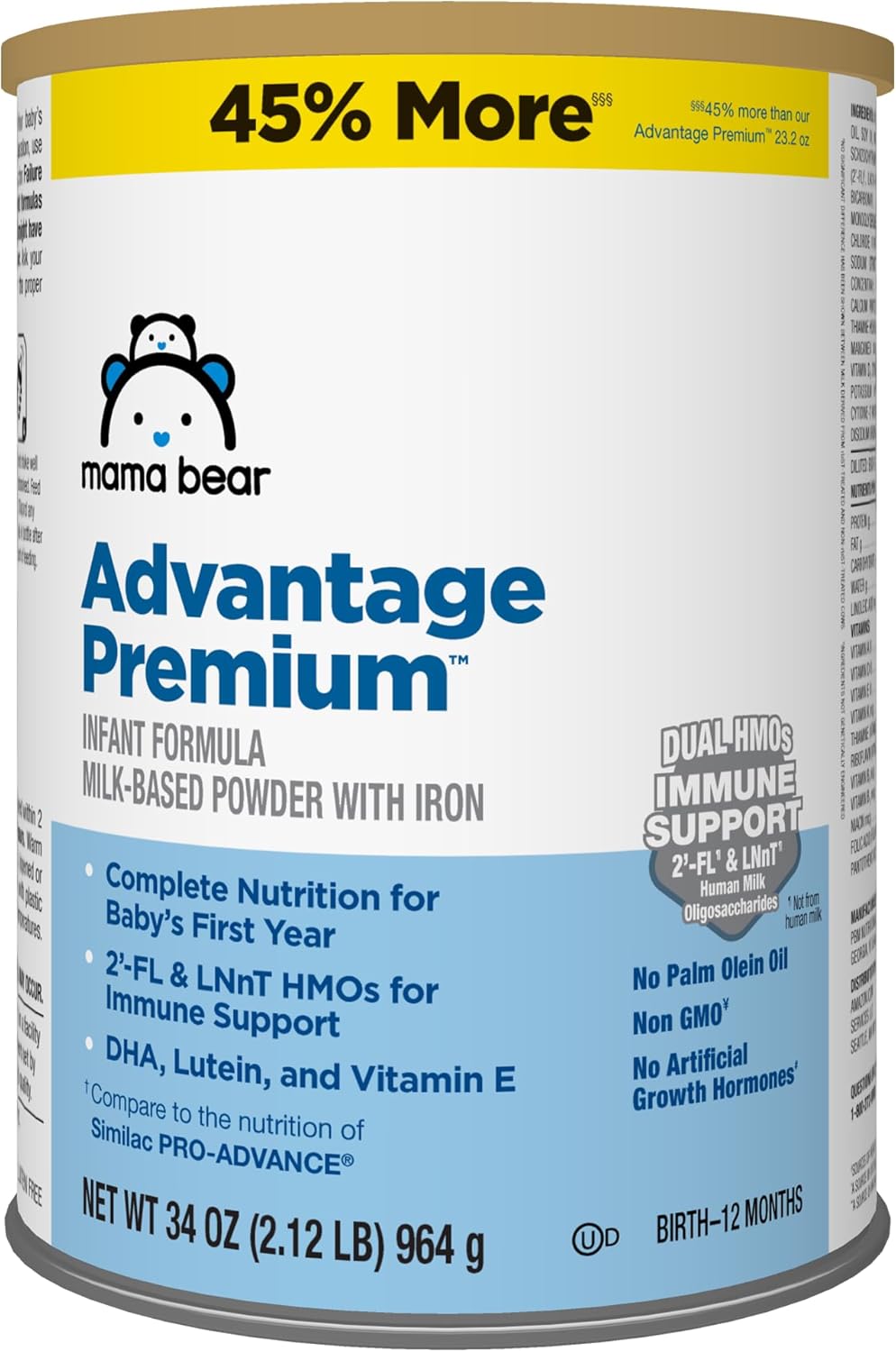 Amazon Brand - Mama Bear Advantage Premium Baby Formula Powder, 2'-FL HMO, LNnT HMOs for Immune Support, Non-GMO, 34 oz (Pack of 1)