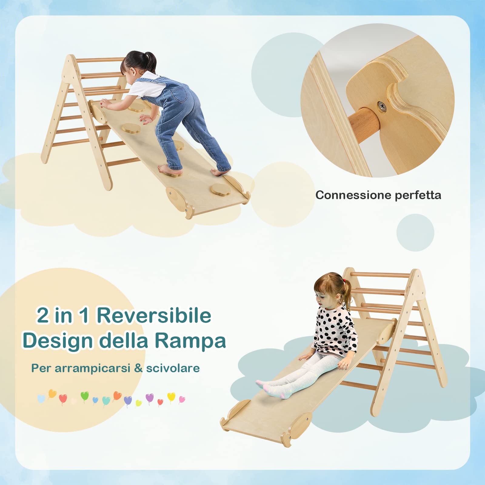 COSTWAY 3 in 1 Arrampicata Giocattolo a Triangolo per Bambini, Set di Arrampicata con Rampa di Scivolo a 2 Lati e Inclinazione Regolabile, Arrampicatore per Bambini 1 Anno+ (Naturale)