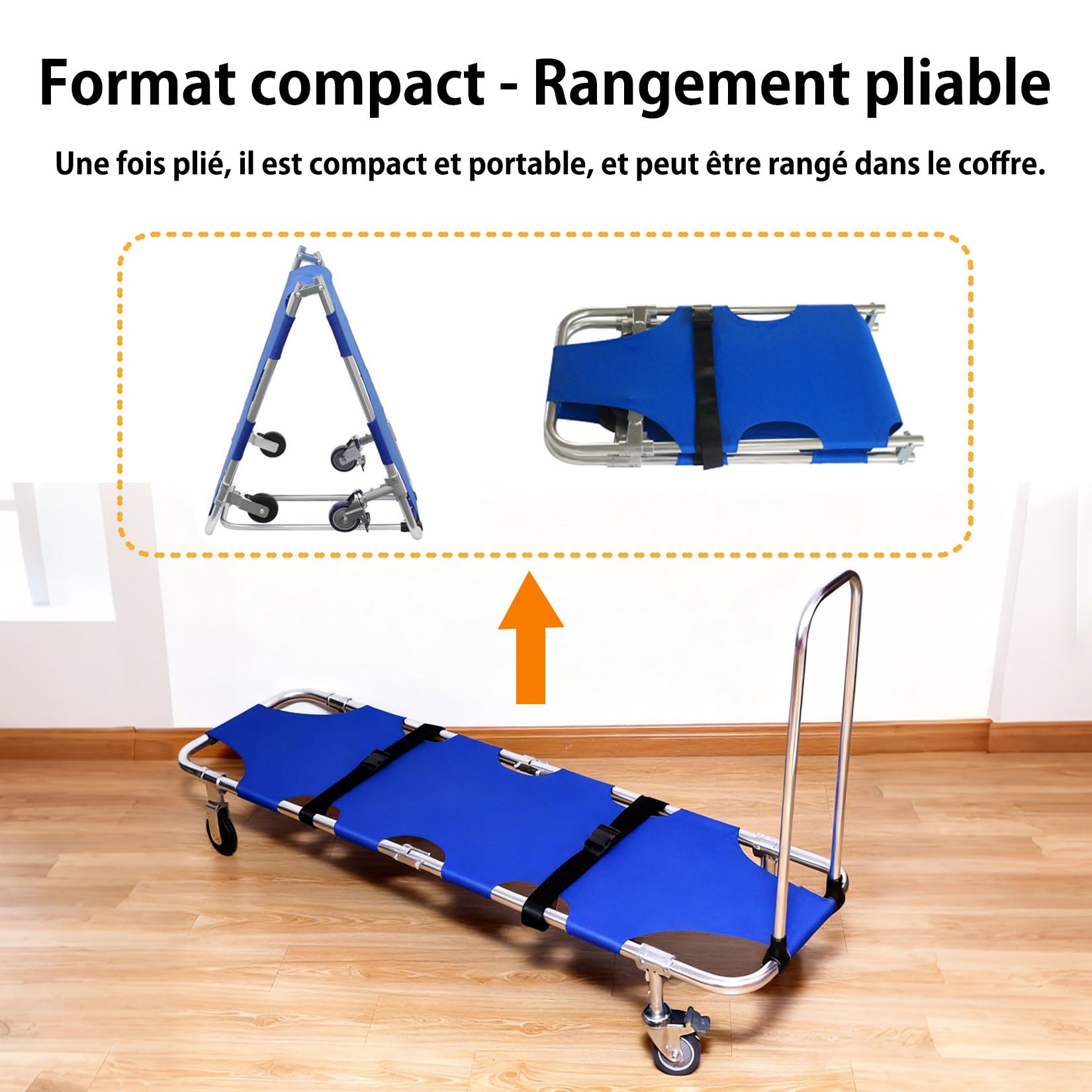 Civière Pliable et Portable avec Roues,Pliant Brancard avec 4 Roues et Ceinture de Sécurité,Civière Médicale en Aluminium,Patient Portable d'urgence Transport Brancard,Avec tige de poussée-traction