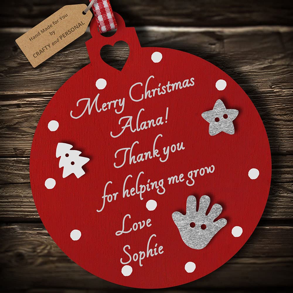 Multi-Colour Personalised Nursery Teacher Merry Christmas Bauble tree decoration wooden thank you hanging ornament keepsake gift present for childminder keyworker (Deep Red #2)