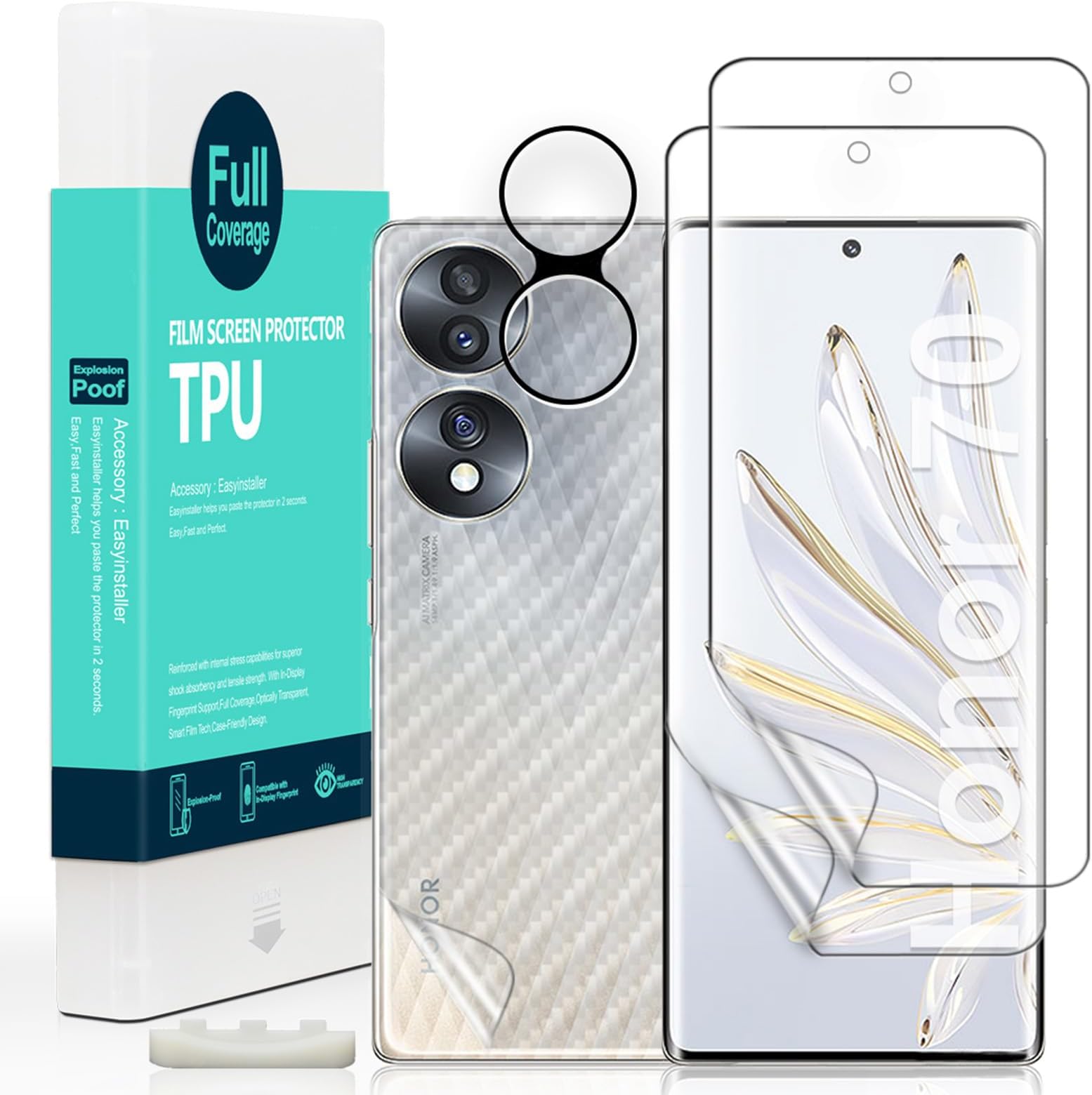 Ibywind 2 Pcs Screen Protector For Honor 70 5G 6.67",Flexible TPU Film,With 1Pc Camera Lens Protector,1Pc Back Film[Easy to install,Case Friendly,HD Clear,Bubble Free,Fingerprint Compatible]