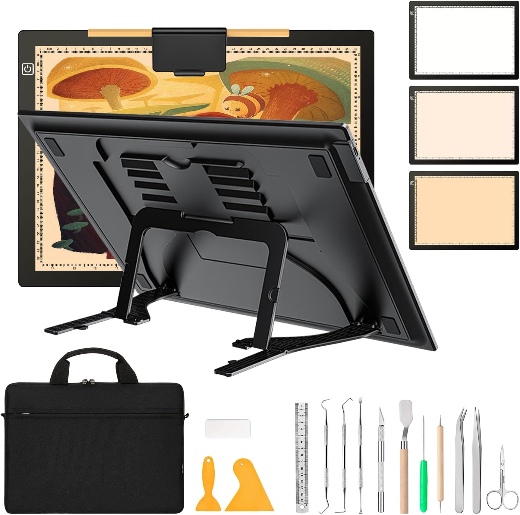 BenssA3 LED Light Pad with Weeding Vinyl Set+Carry Bag,Wireless Rechargeable Light Board with Stand and Top Magnetic Clip 3 Colors Stepless Dimmable Light Box for Diamond Painting Weeding Vinyl