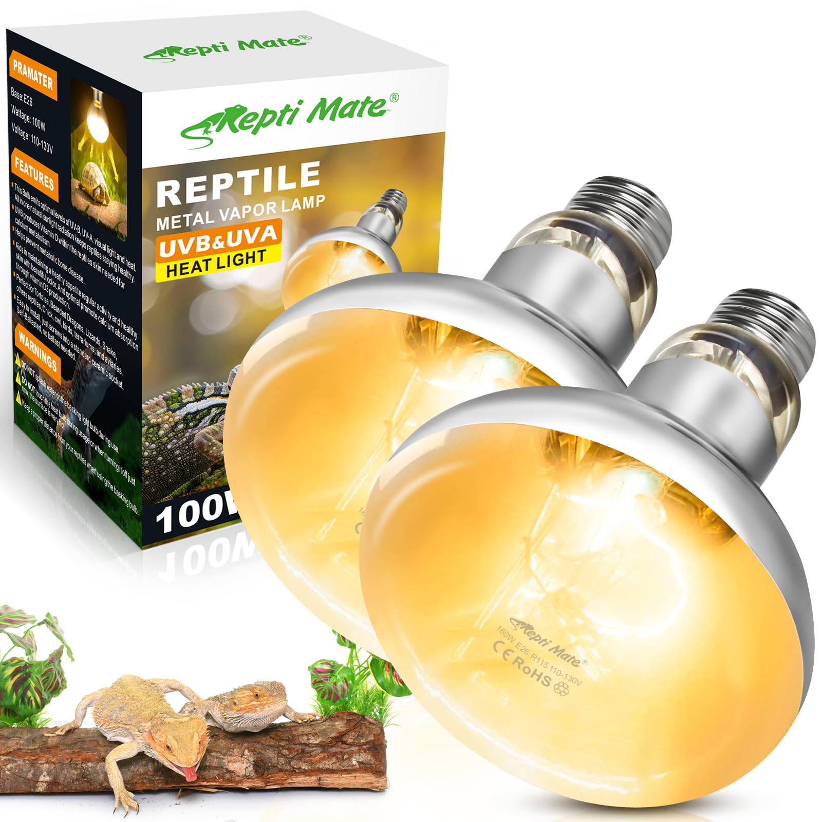 REPTI MATE 2 Pack 100W Reptile Heat Lamp Bulbs, Full Spectrum UVA/UVB Reptile Light Bulb and Basking Spot Light, UVB Light for Reptiles and Bearded Dragon, Turtle, Lizard, Snake, Amphibians