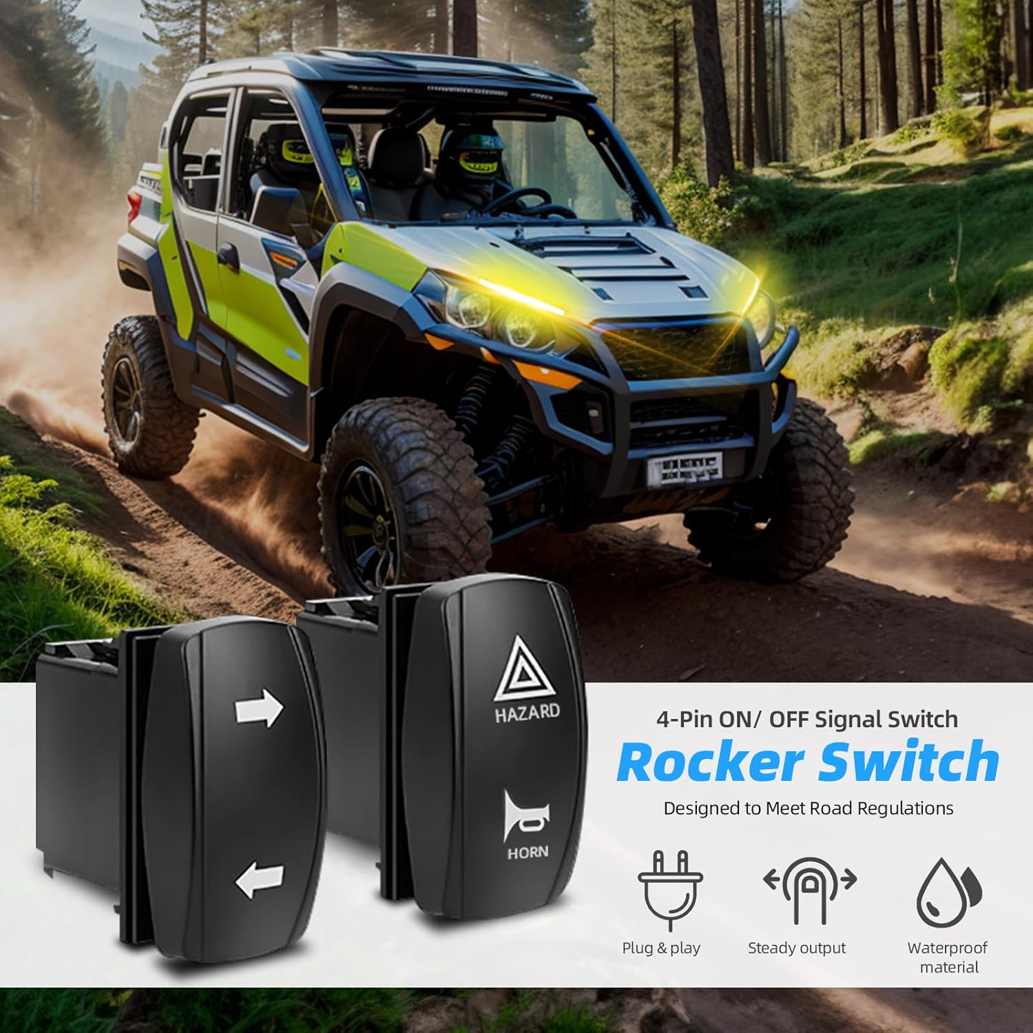Roykaw UTV Turn Signal kit,Turn Signal with Column Turn Switch and 110dB Horn, Upgrade COB Light Bar,Compatible with Polaris, Pioneer, Talon, Can-Am, Kawasaki, Arctic Cat