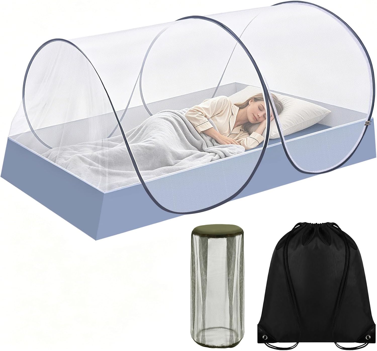 1 Pcs Light Blue Pop Up Mosquito Net for Bed with Drawstring Bag Mosquito Head Net, Portable Foldable Mosquito Tent with Double Zipper, Mesh Bed Net for Camping Travel 78 x 38 x 30 Inch