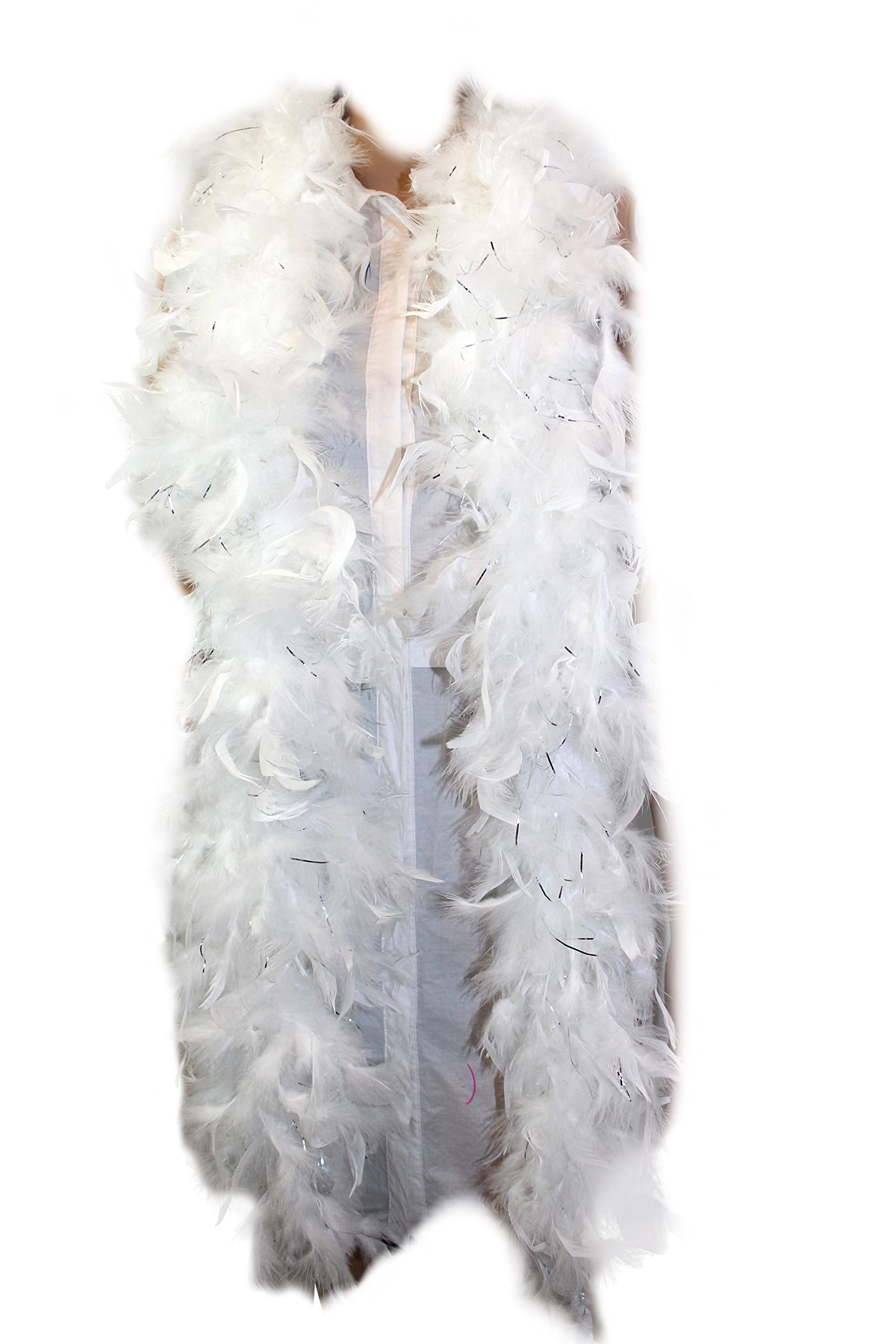 60 Gram, 2 yards Long Chandelle Feather Boa Great for Party, Wedding, Halloween Costume, Christmas Tree, Decoration(White w/silver)