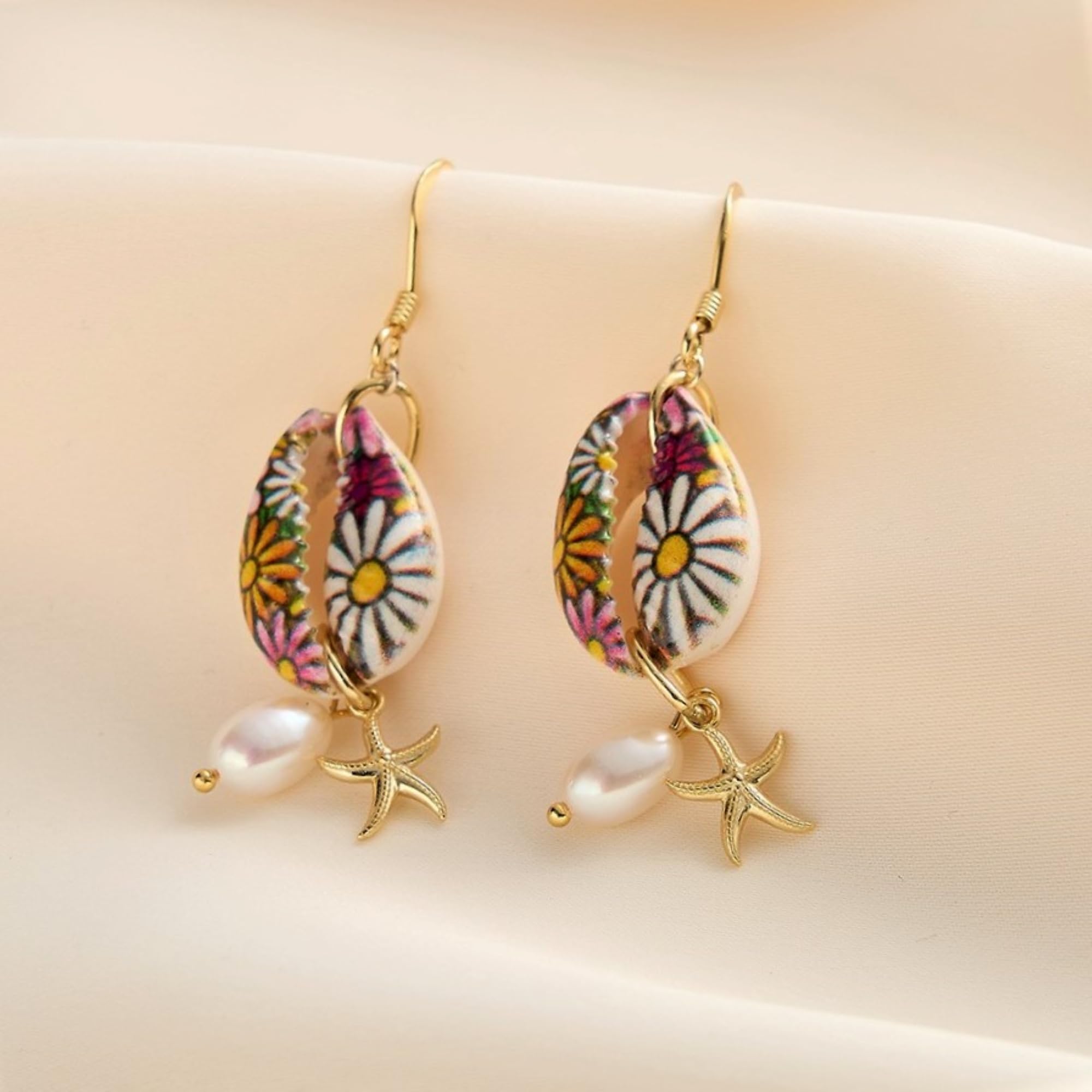 Pendientes Boho de Concha y Perla Pendientes Colgantes Estrella de Mar en Plata de Ley 925 Joyería para Mujeres