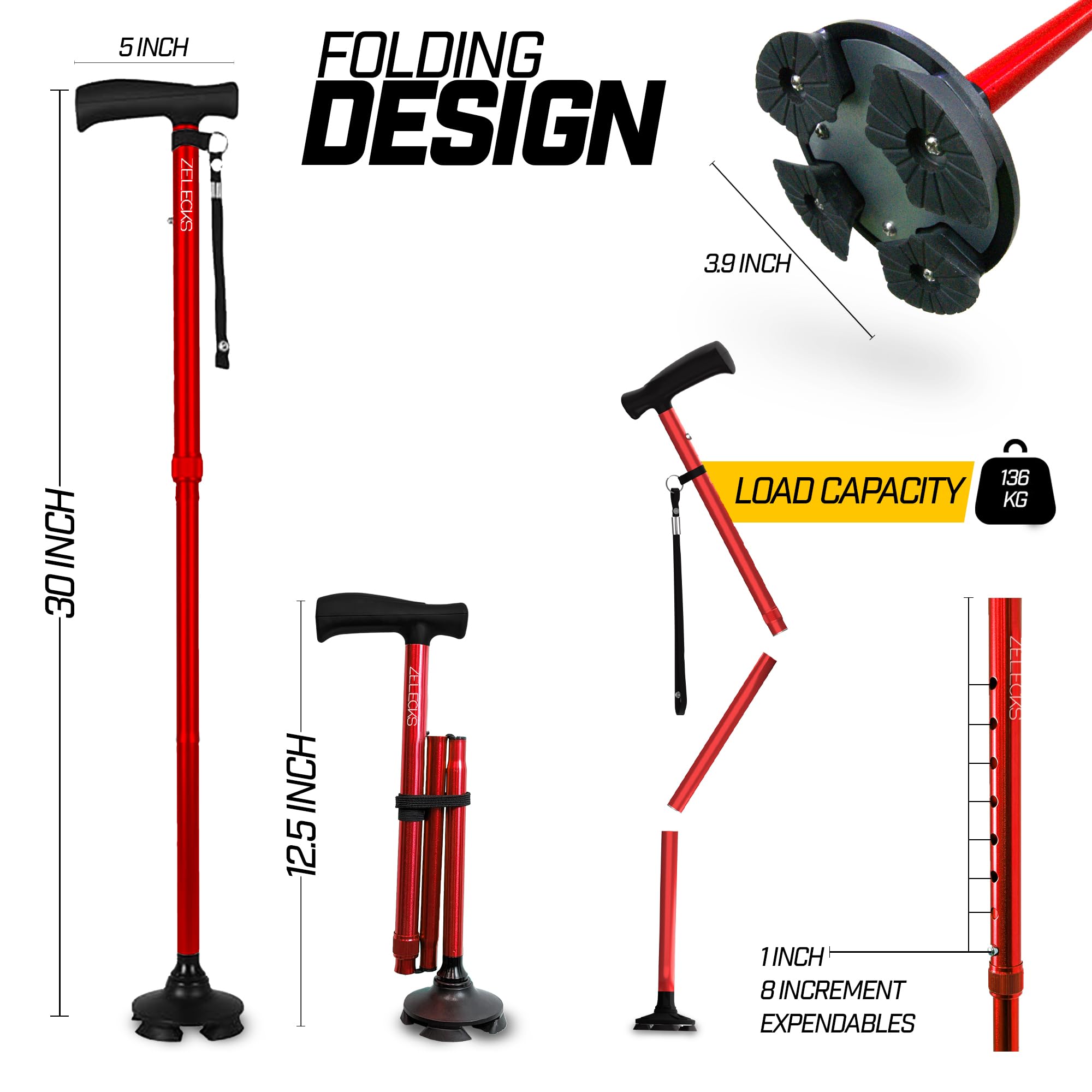 ZELECKS Bastón para caminar para mujeres y hombres, bastón plegable ajustable de pie con mango en T y base giratoria de 360 grados, bastón plegable ligero para personas mayores, bastón plegable para