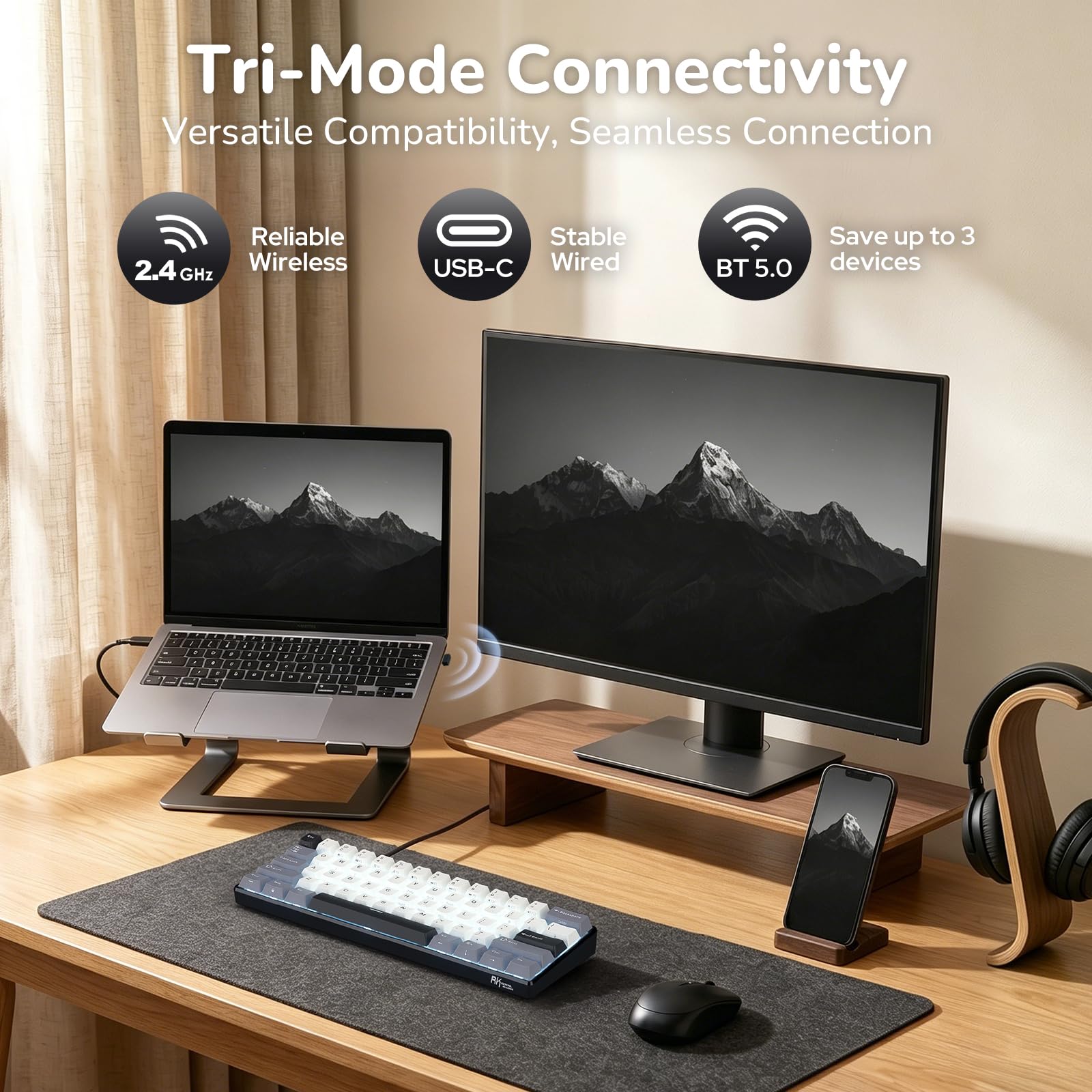 RK ROYAL KLUDGE RK61 bezprzewodowa klawiatura mechaniczna, klawiatura gamingowa 60% trzema trybami pracy, BT5.0/2,4GHz/USB-C, klawisze tworzywa PBT, oprogramowanie Pro, wymiana na gorąco, US QWERTY