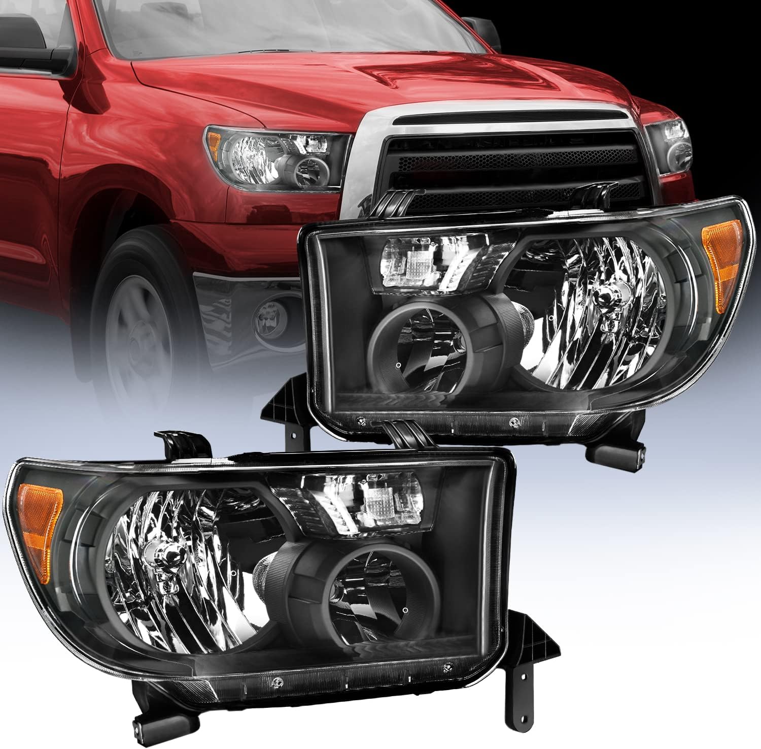Nilight Headlight Assembly for 2007 2008 2009 2010 2011 2012 2013 Toyota Tundra 2008-2017 Sequoia Headlamps Replacement Black Housing Amber Reflector Driver and Passenger Side, 2 Years Warranty