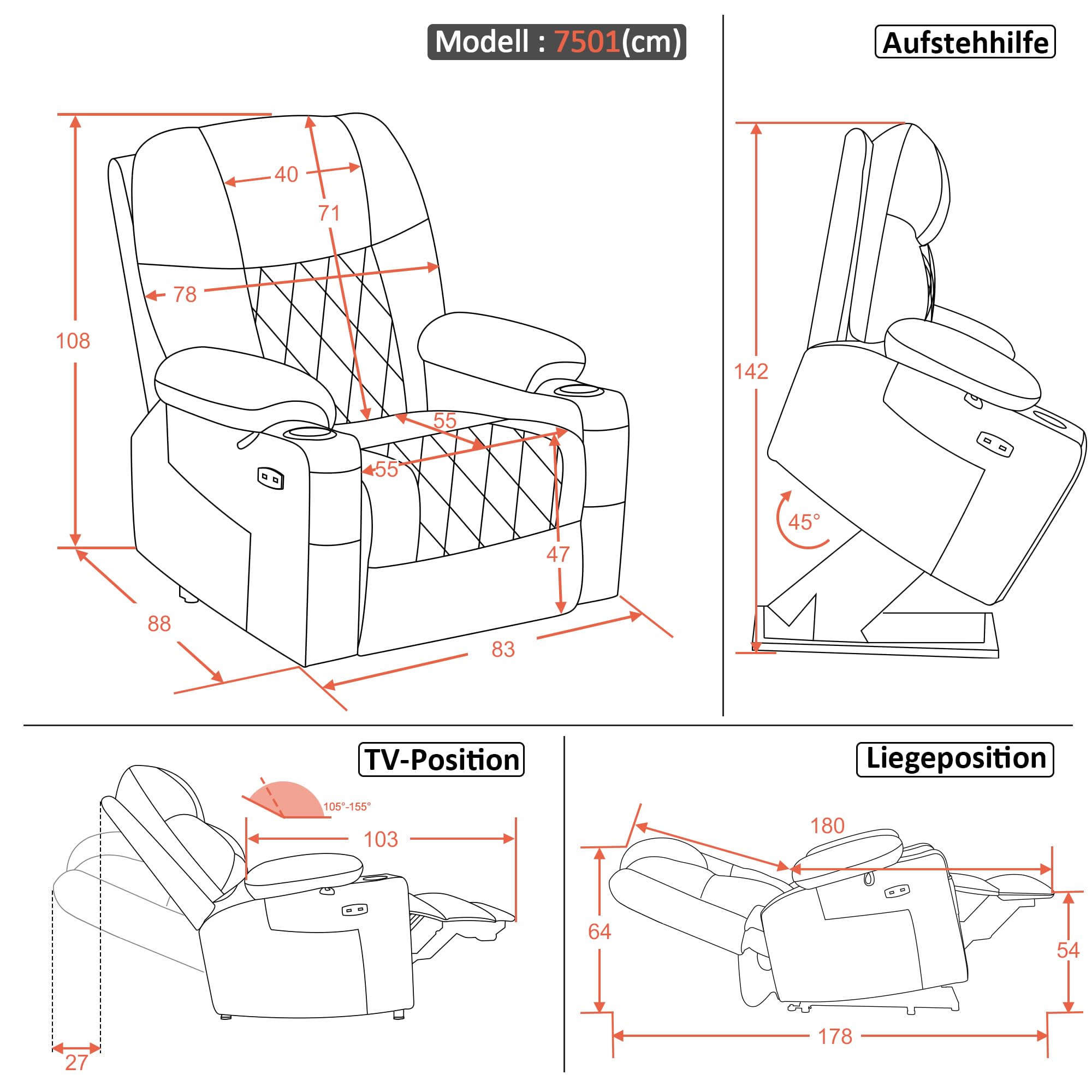 M MCombo Sillón eléctrico con ayuda para levantarse con 2 motores, respaldo y reposapiés ajustables por separado, sillón relax con función reclinable eléctrica 7501 (tejido de microfibra, gris oscuro)