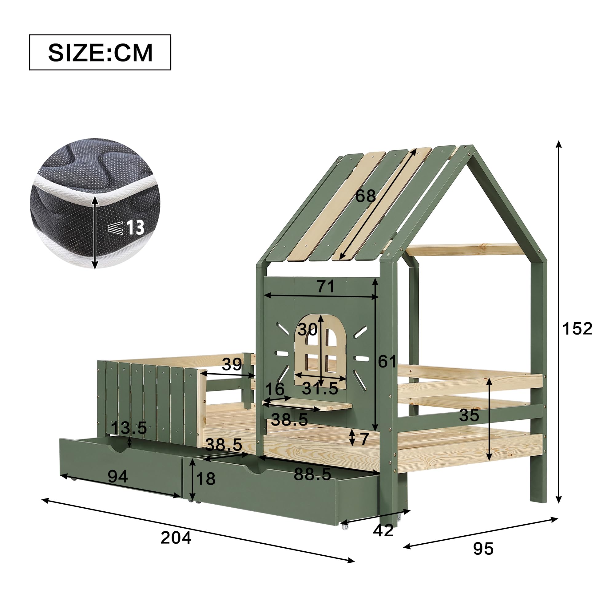 Kinderbett 90x200 cm, Holzbett mit 2 Schubladen, Hausbett mit Dach und Fenster, Bettgestell mit Lattenrost, für Mädchen Jungen, Grün, ohne Matratze