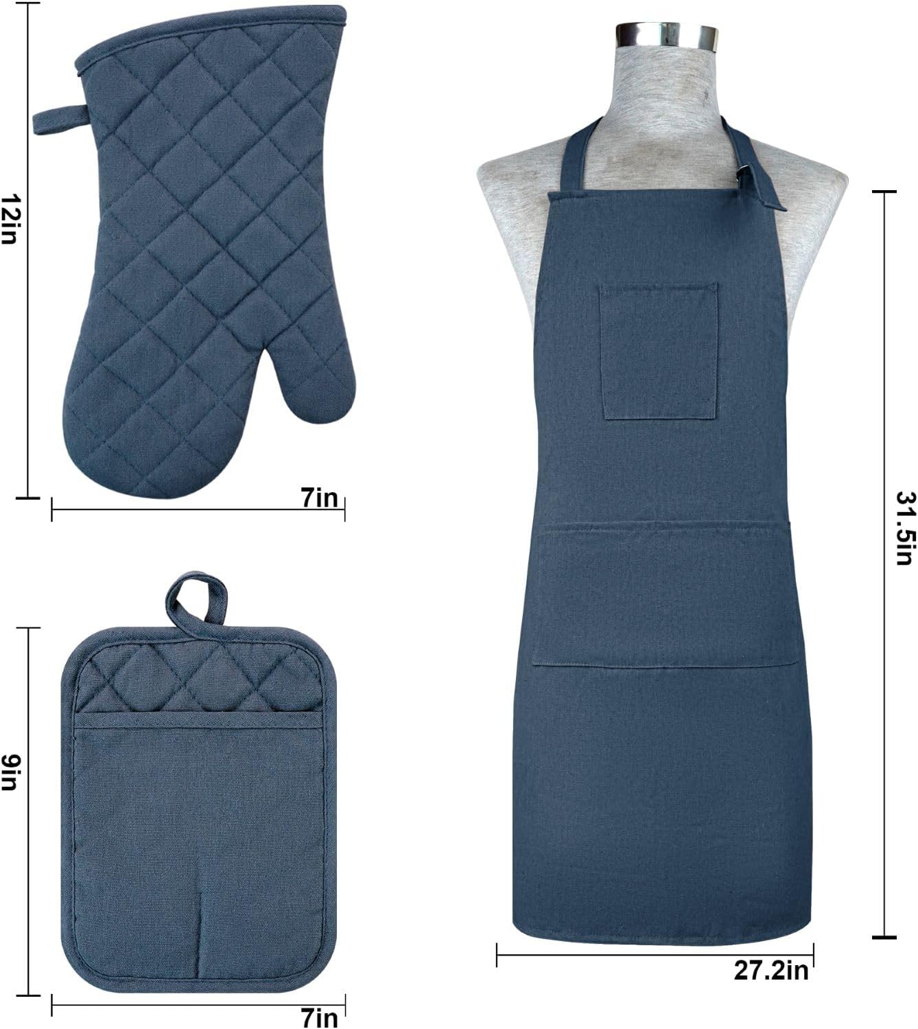 Oven Mitts and Pot Holders with Cooking Apron Set of 5, Heat Resistant Kitchen Gloves and Silicone Non-Slip Potholders, Adjustable Neck Buckle Chef Apron, Cotton Nice Design for Cooking (Navy… - Image 3