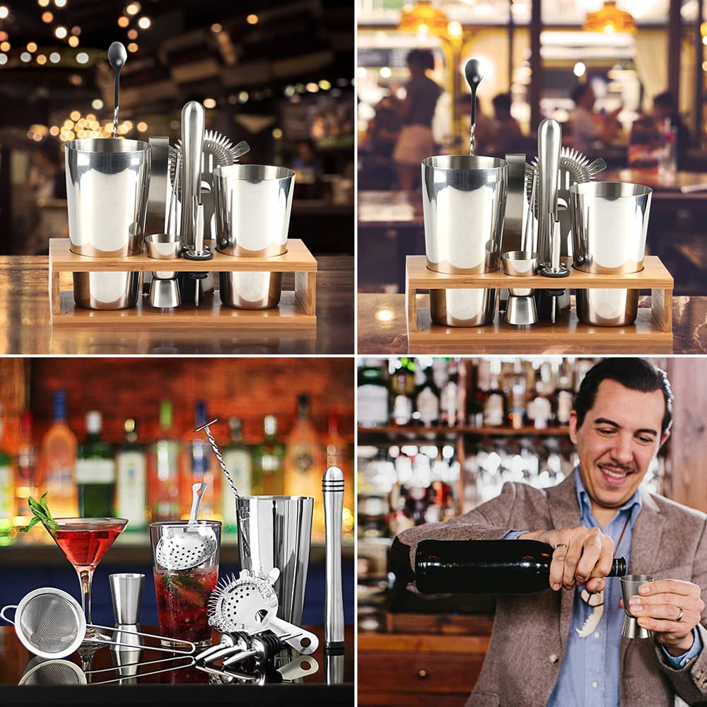 11 Pezzi Boston Bar Bartender Kit Cocktail Shaker Set Acciaio Inossidabile con Elegante Vassoio di Bambù