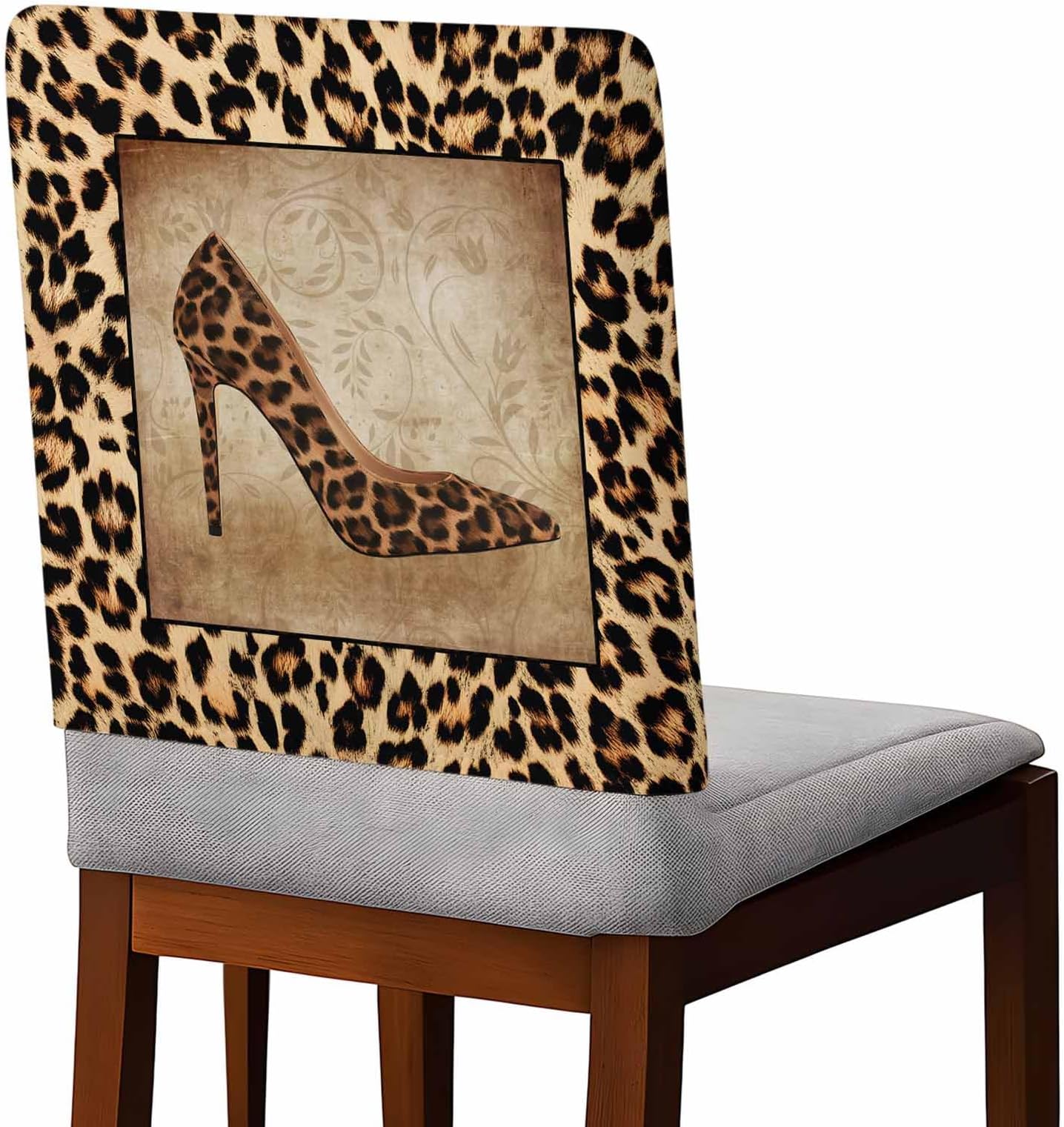 Leopard Print High Heels Chair Back Cover for Dining Room, Chair Covers Set of 8, Vintage Shoes Woman Retro Removable Washable Slipcovers for Kitchen Hotel Banquet Decor,18x19in