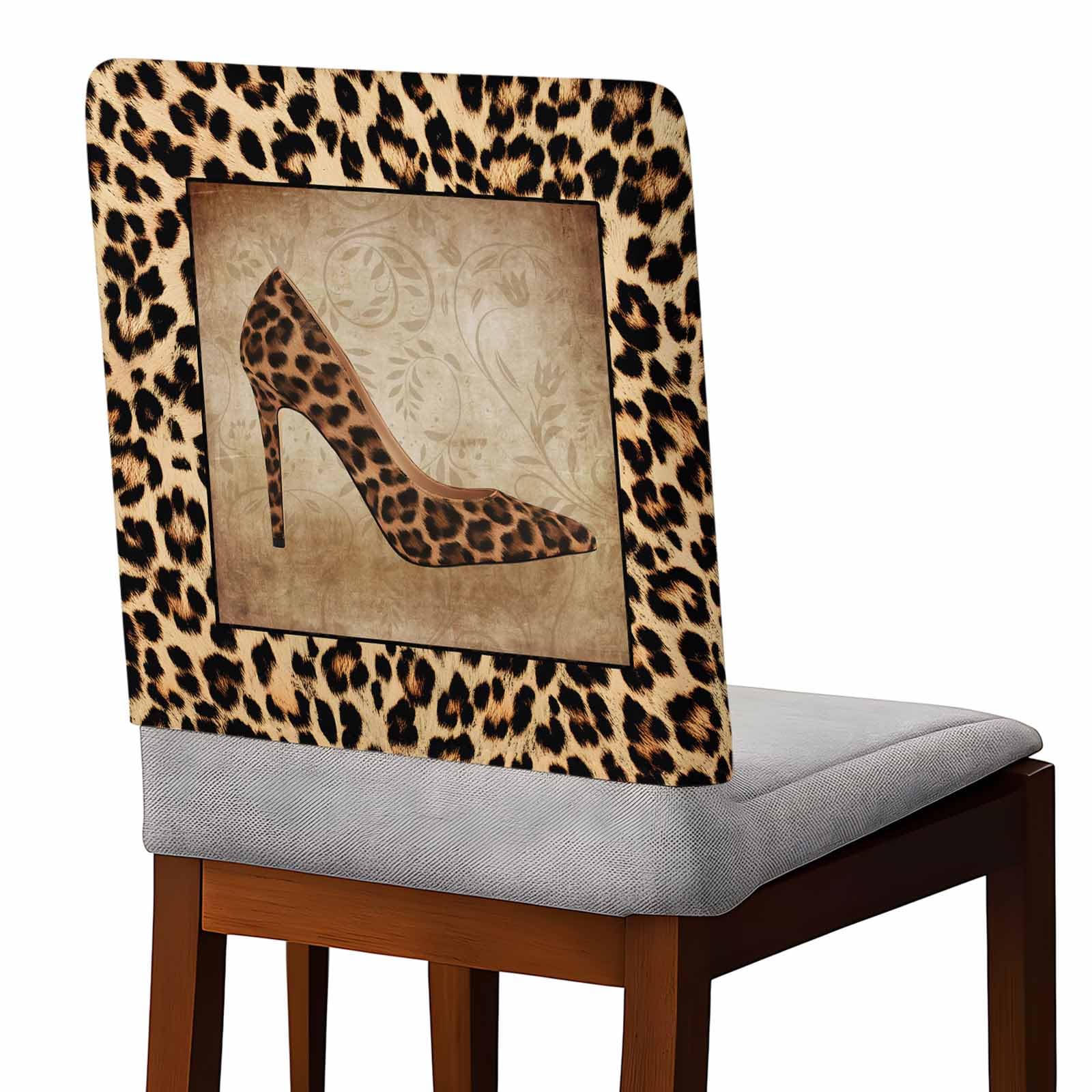 Leopard Print High Heels Chair Back Cover for Dining Room, Chair Covers Set of 8, Vintage Shoes Woman Retro Removable Washable Slipcovers for Kitchen Hotel Banquet Decor,18x19in