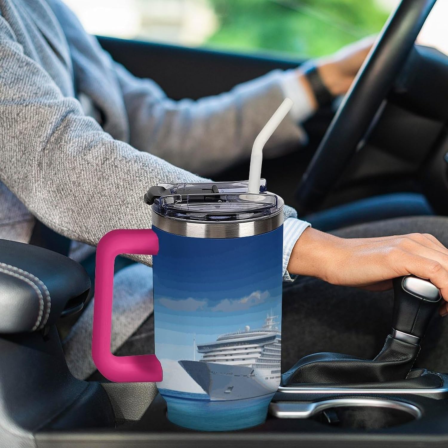 Seaside Cruise Ship Tumbler 40 Oz with Handle&Lid Large Car Cup Stainless Steel Vacuum Travel Mug Insulated Water Bottle Leak-proof Portable Coffee Cup for Home Car Outdoor
