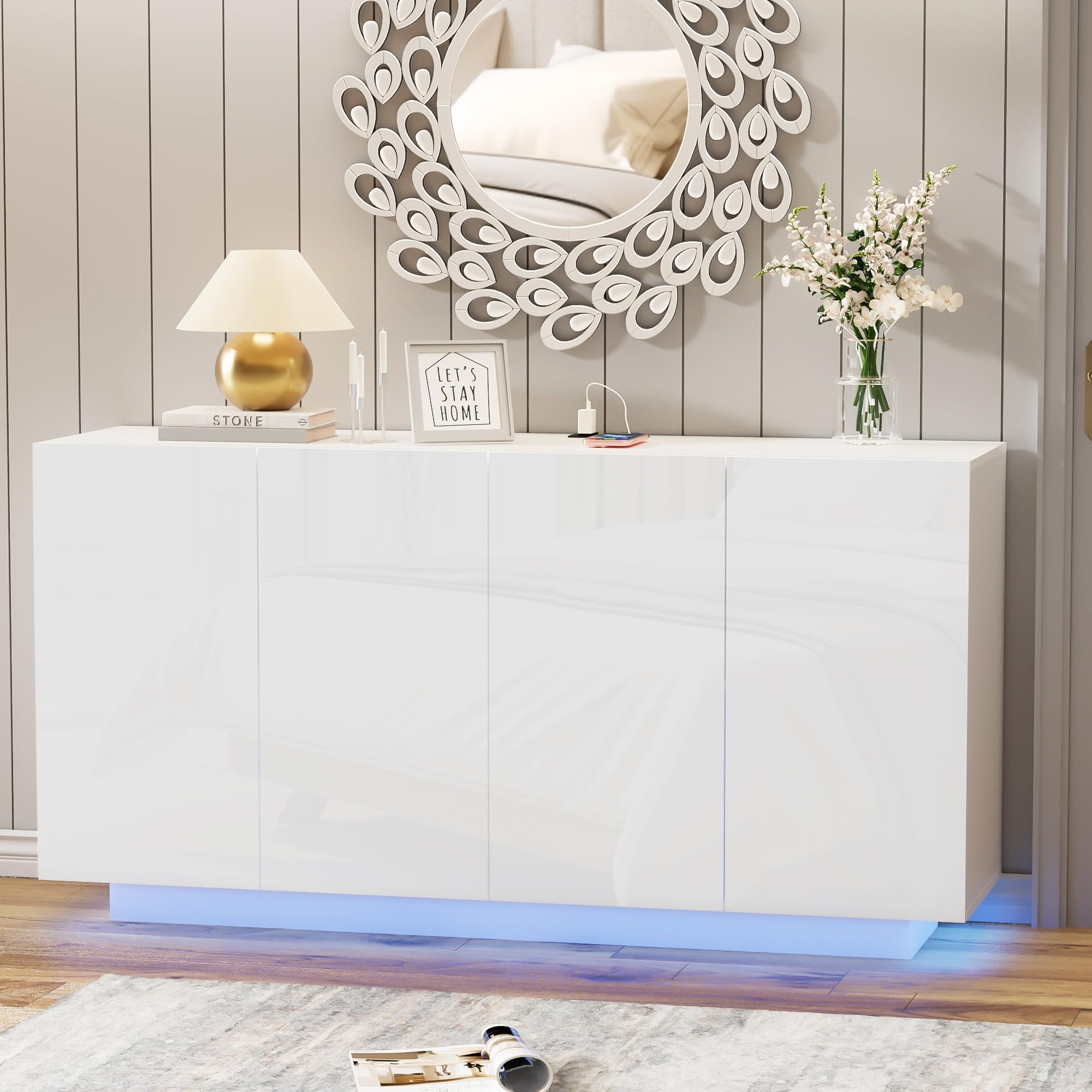 White Buffet Cabinet with Lights 57.87'' Sideboard with Storage Coffee Bar with Charging Station Kitchen LED Buffet Cabinet with Doors for Bedroom, Living Room (White)