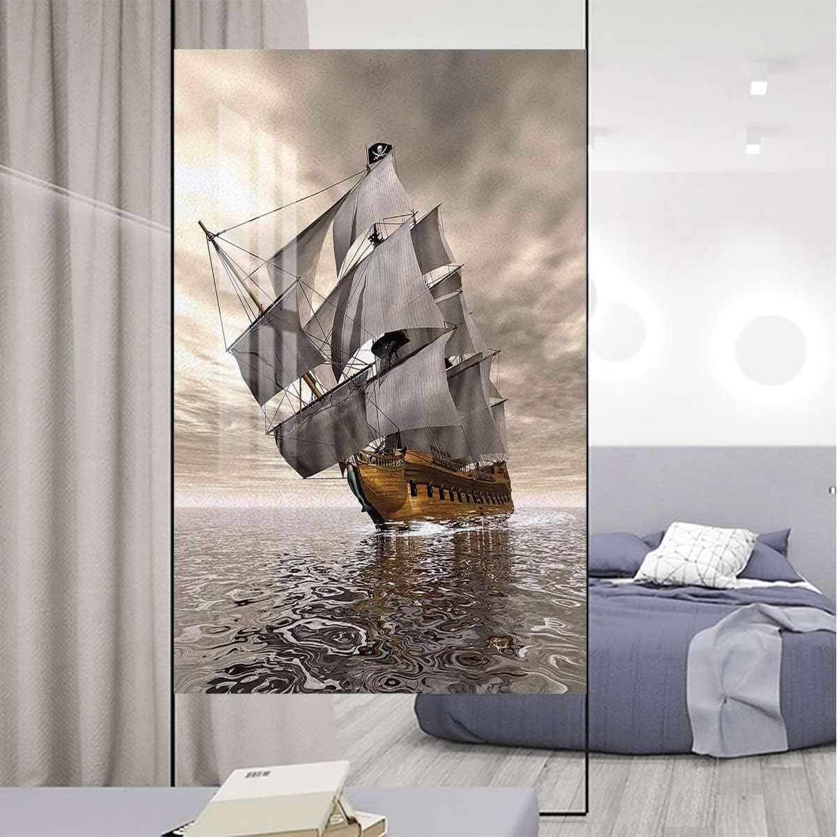 Grey Pale Coffee Window Privacy Film Frosted Glass Static Clings Vessel Cloudy Sky Voyage Exploration Theme Privacy Window Film Frosted Window Treatments Ocean 35.4Wx59L-inch