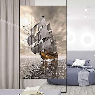 Grey Pale Coffee No Glue Static Decorative Privacy Window Films Vessel Cloudy Sky Voyage Exploration Theme Window Film for Privacy and Light Protection Ocean 17.7Wx23.6L-inch