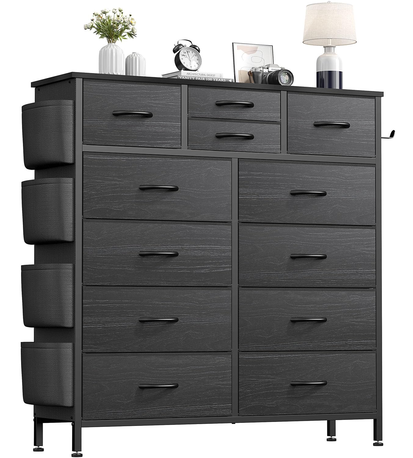 Buluri Chest of Drawers Bedroom, 12 Fabric Drawers Dresser with Side Pockets and Hooks, Wooden Top and Metal Frame, Tall Drawers for Closet, Living room, Kids Room (Black White Stripes)
