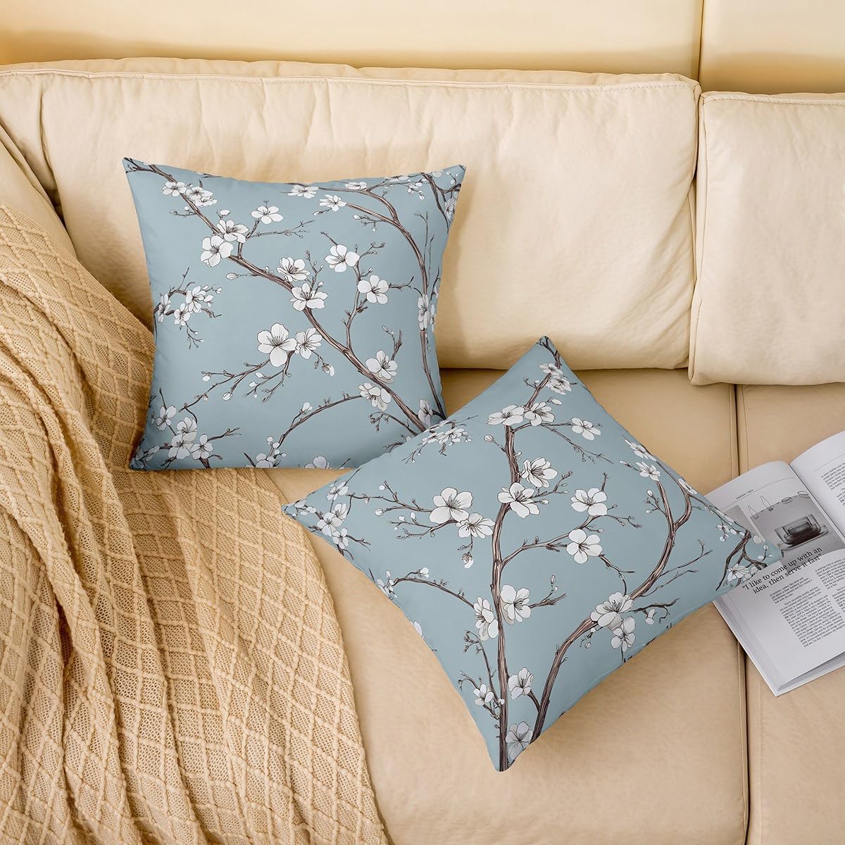 Erosebridal Cherry Blossom Throw Pillow Cover 24x24 Inch,Chinoiserie Chic Cushion Cover,Elegant Floral Branches Cushion Case,Spring Garden Flowers Plum Decorative Pillowcase,Grayish Blue