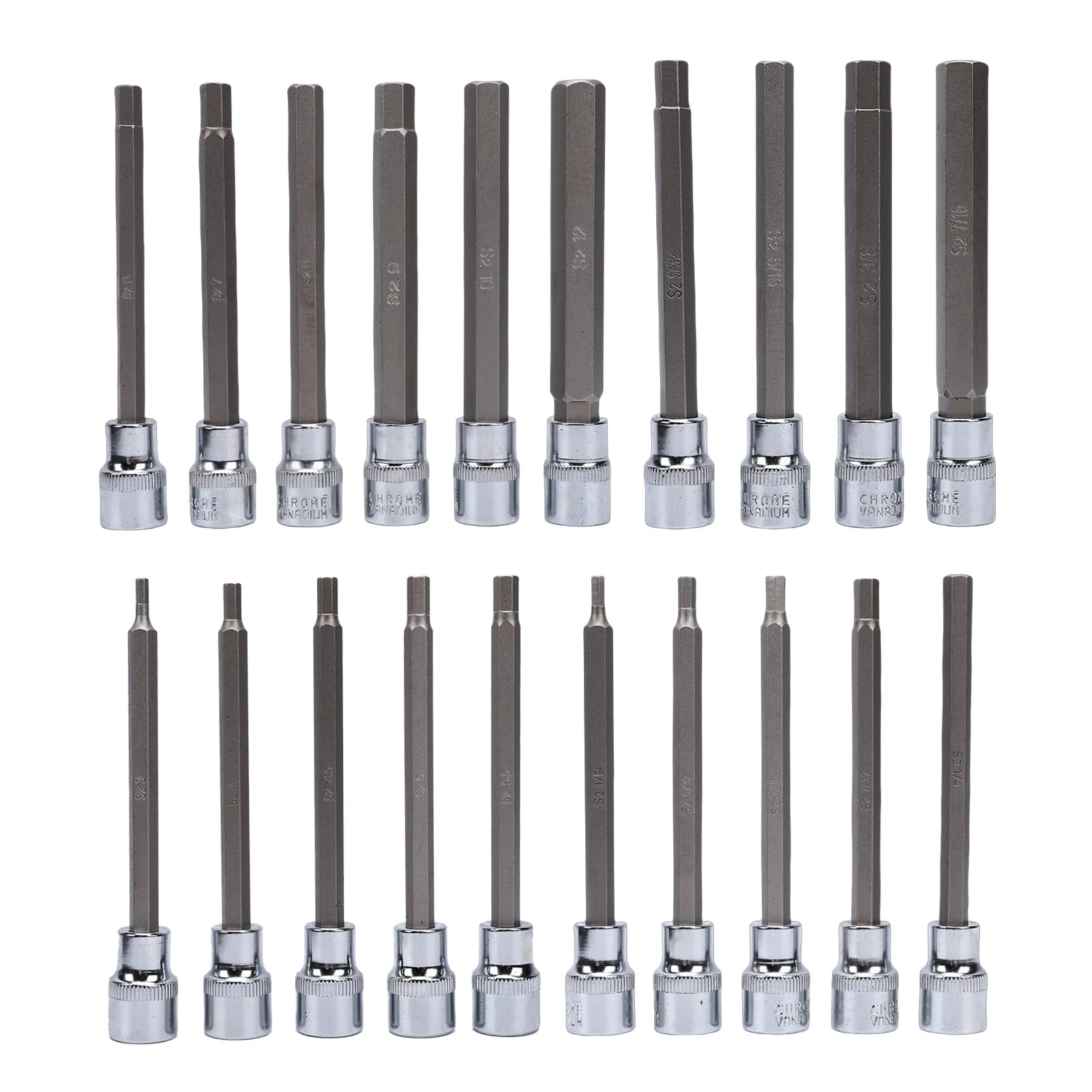 Fdit Set da 20 Pezzi di Prese Esagonali Extra Lunghe per Attacco 3/8 Pollici, Metrico 6-24mm SAE 1/8-7/16 Pollici, Acciaio Legato S2 110mm con Custodia Stampata per Riparazioni