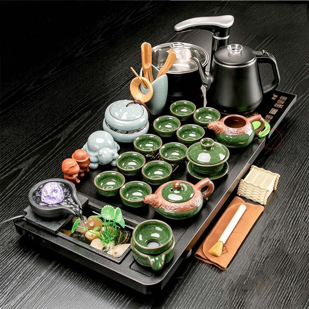Podróżny zestaw do herbaty Kungfu Tea Set, Chiński ceramiczny zestaw do herbaty Kung Fu, taca z litego drewna na herbatę, kuchenka elektryczna, filiżanka do herbaty, ceremonia herbaty, stolik do herba