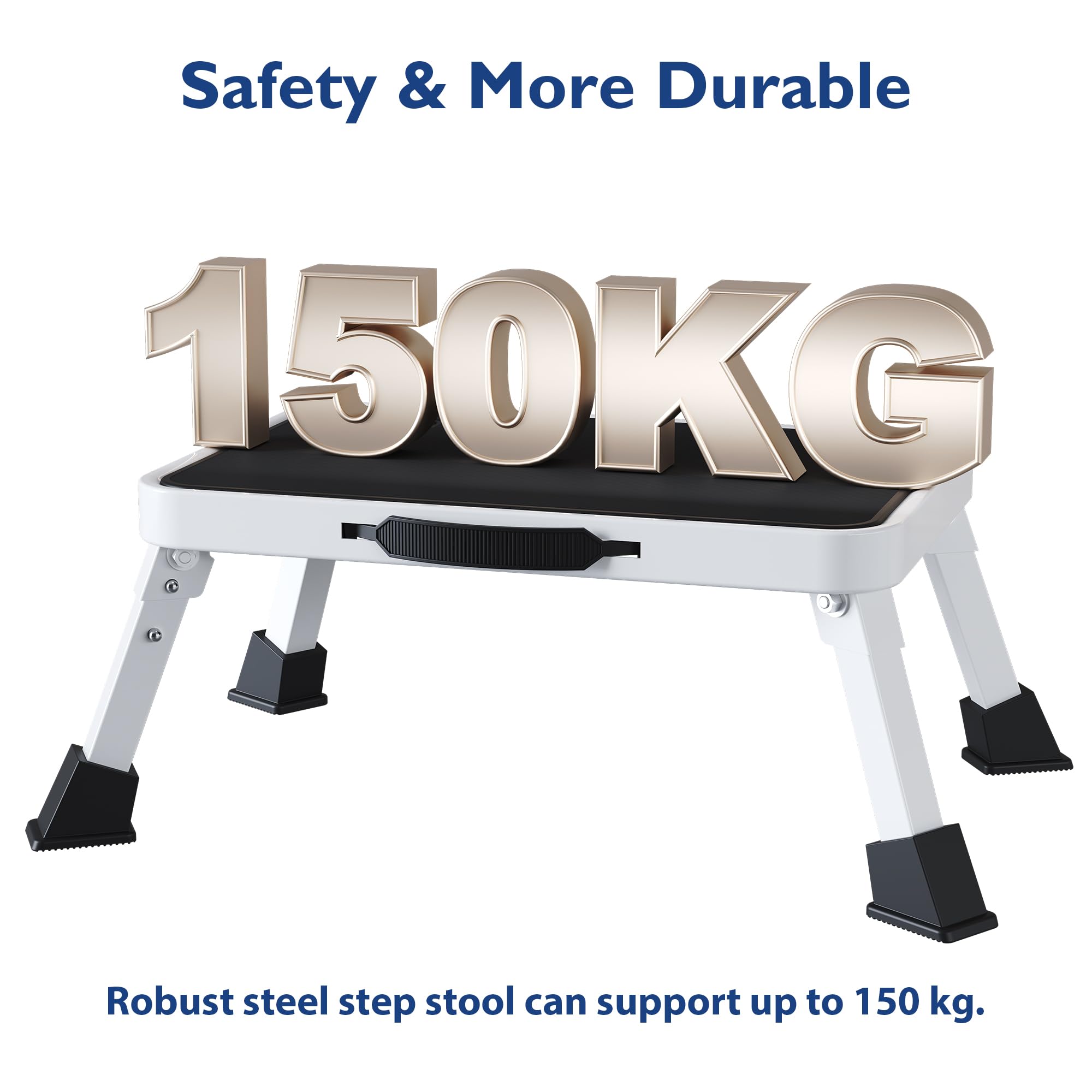 BONTEC Sgabello pieghevole, capacità di carico 150 kg, pedale largo antiscivolo, scala in metallo, maniglia portatile, piedini in gomma, design pieghevole, per camper, cucina, bagno, bianco