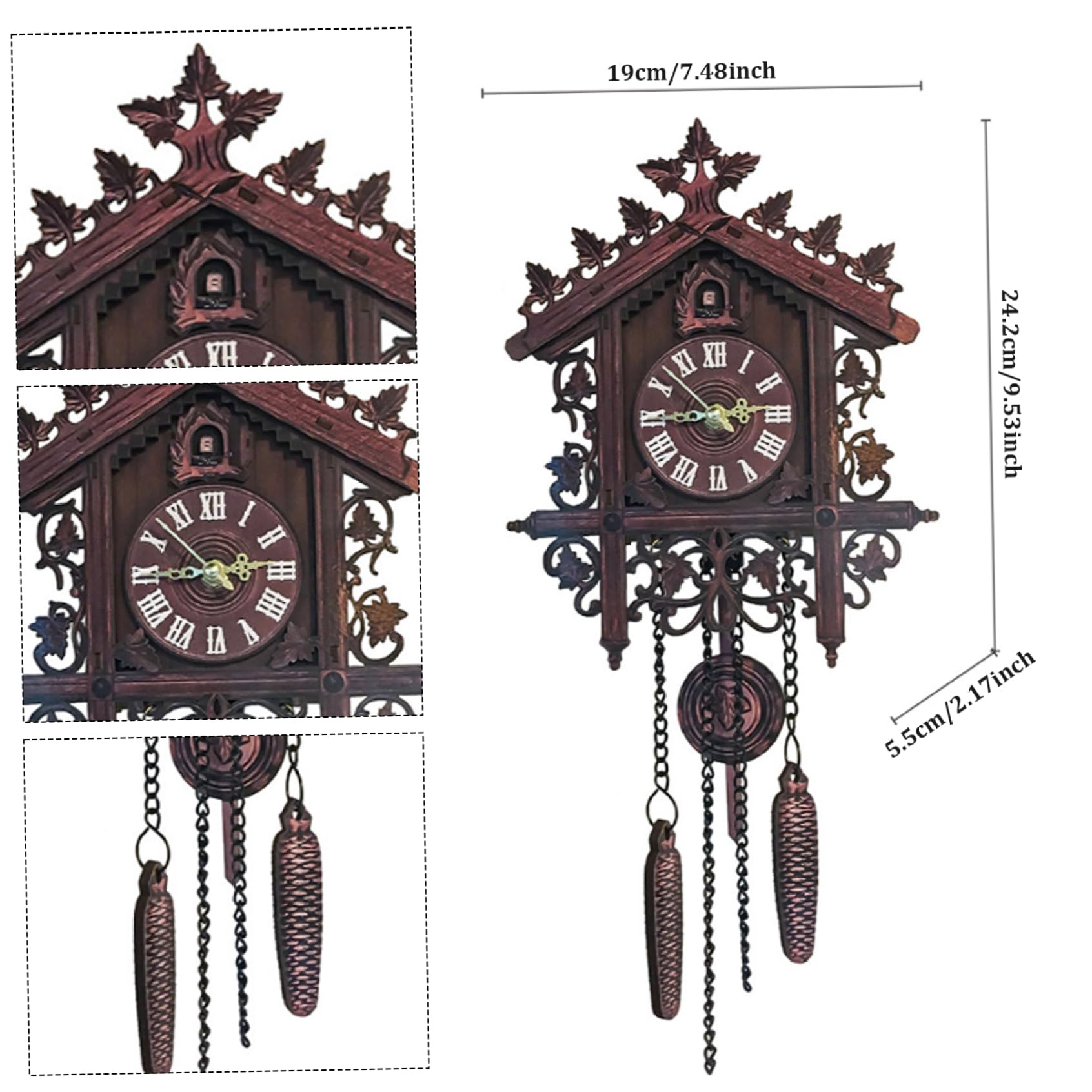Traditional Carved Cuckoo Clock With Pendulum - Vintage Roman Numeral Wall Clock, Dark Black
