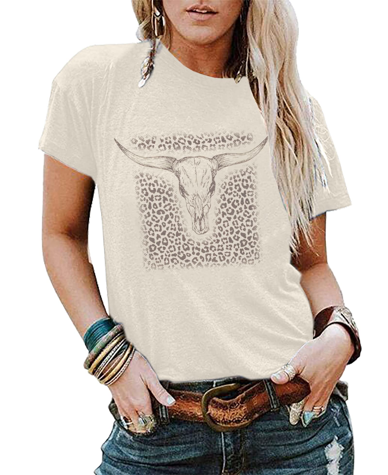 Retro Bull Skull Shirt Western Cowgirl T-Shirts Longhorn Skull Leopard Tops Rodeo Cow Skull Tees