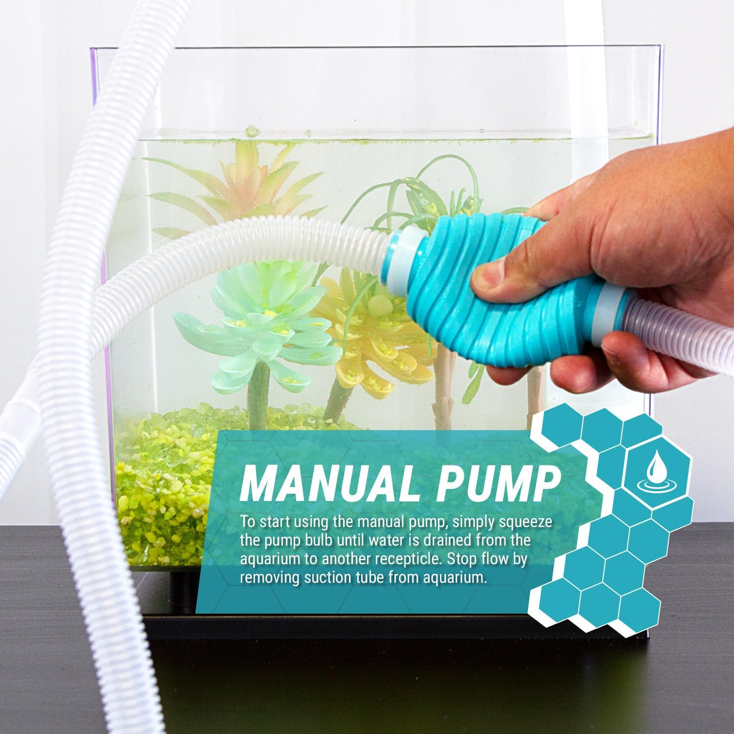 TERA PUMP BPA Free 10 feet Hose Aquarium Cleaner Siphon Pump - Hand Siphon Pump to Drain Long Distance Replace Your Water in Minutes! WFC (Water Flow Controller), Clip, Nozzle Holding Cup