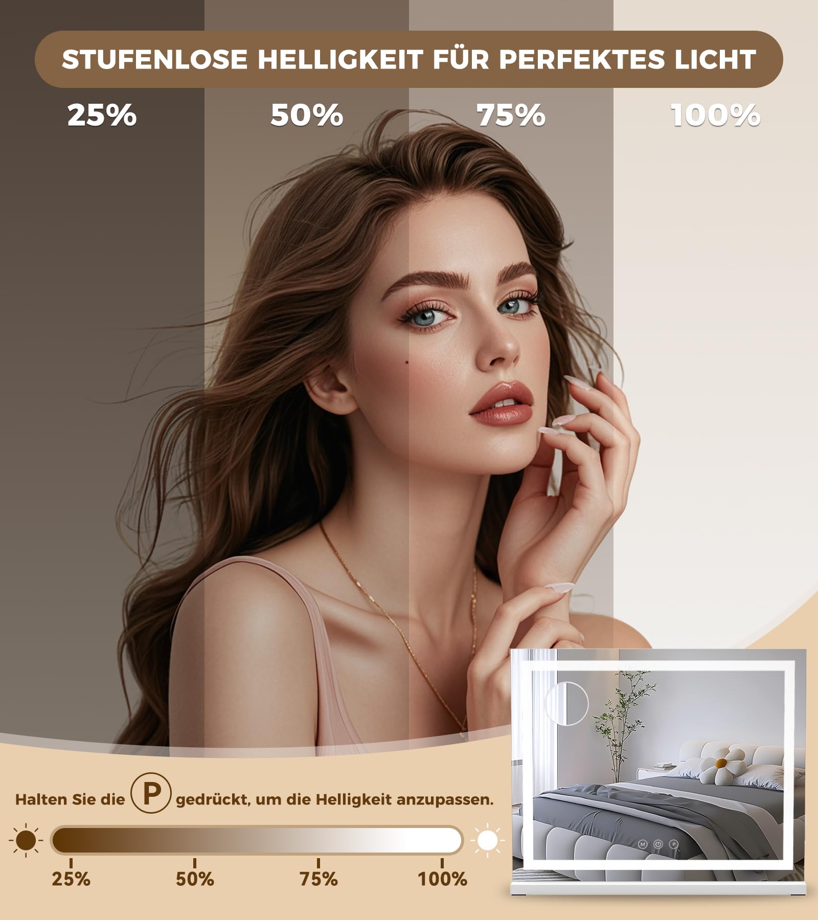 Schminkspiegel mit Beleuchtung 80x60cm, LED Kosmetikspiegel mit 3 Lichtmodi, Dimmbar, 10X Vergrößerung & USB-Anschluss, ideal für Schlafzimmer & Schminktisch (Lichtband 80×60 cm)